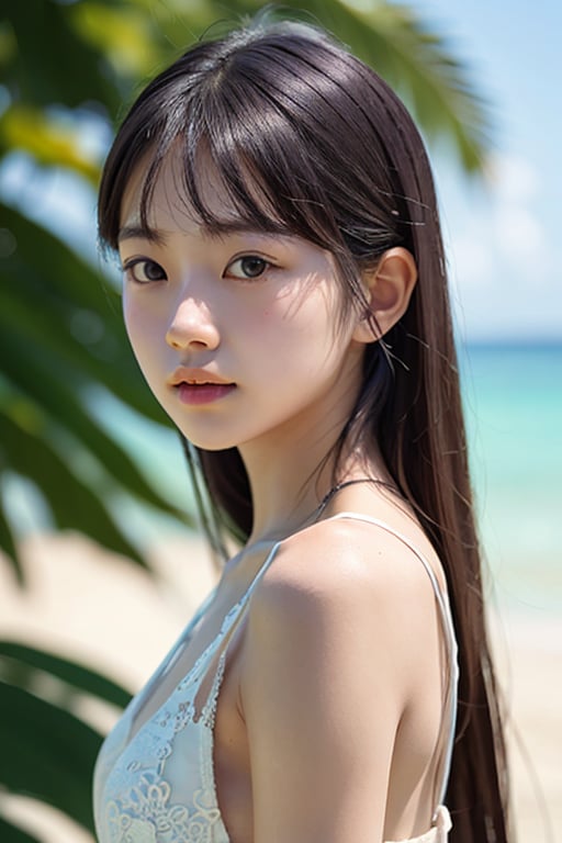 photo of a Top model Taiwanese teenage, smooth soft skin,  symmetrical, at summer, whole body, at the beach, perfect detail ,  looking at viewer, make up,
soft lighting, highly detailed face, from side, photo realistic, (looking into camera:1.7), HDR