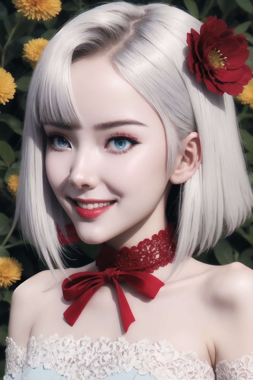 nsfw, 21yo girl, (1 cute girl), (white hair), grey eyes, wearing a beautiful light blue lace dress. pale skin, (flower art background), eye_detail, multi coloured flower background, face_detail, hair_detail with red flower, smile, more_detail, add_detail, add detailed, cute_face, corset, (upper body shot), (dynamic poses),ChopioDestiny,1 girl