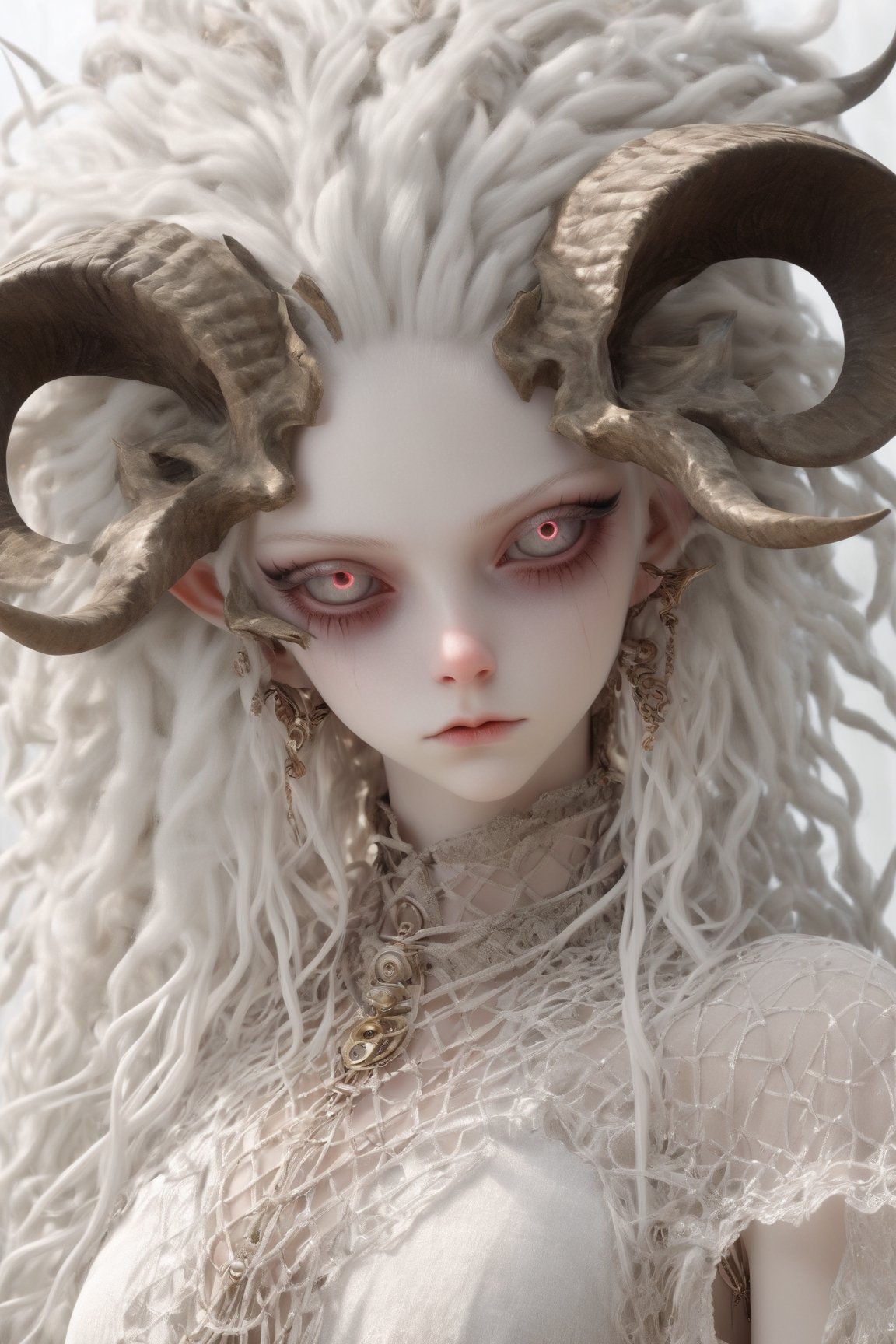 nsfw, nude, 21yo naked girl, 1 girl, (masterful), albino demon girl with lethargic sleepy smokey eyes,(white dreadlocks hair),((slit pupil eyes)),mesh fishnet blouse, (long intricate horns:1.2) ,
best quality, highest quality, extremely detailed CG unity 8k wallpaper, detailed and intricate, 
,steampunk style,Glass Elements