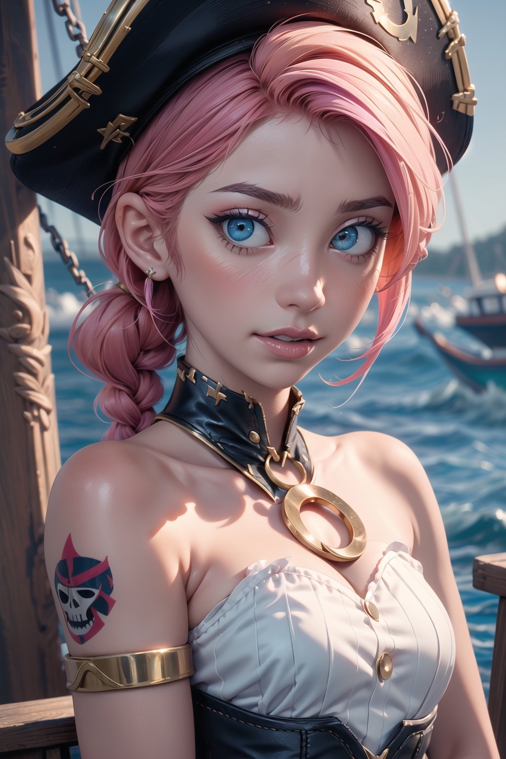 nsfw, nude, 21yo naked girl, ((Ultrawide)), Analog style, photo of a girl, (1girl, pirate girl), (pink hair braid), ((pretty  face: 1.7, perfect face:1.5)), (perky small breasts),  pale skin, shiny skin, tattoos, white clothes, pirate clothes, pirate corset, pirate hat, leaning on the mast, gesturing hands, sword, pirate ship, sea, 8k, 3d, (best quality:1.5, hyperrealistic:1.5, photorealistic:1.4, madly detailed CG unity 8k wallpaper:1.5, masterpiece:1.3, enthusiastically detailed photo:1.2), (hyper-realistic lifelike texture:1.4, realistic eyes:1.2), (octane render, unreal engine 5), medium shot