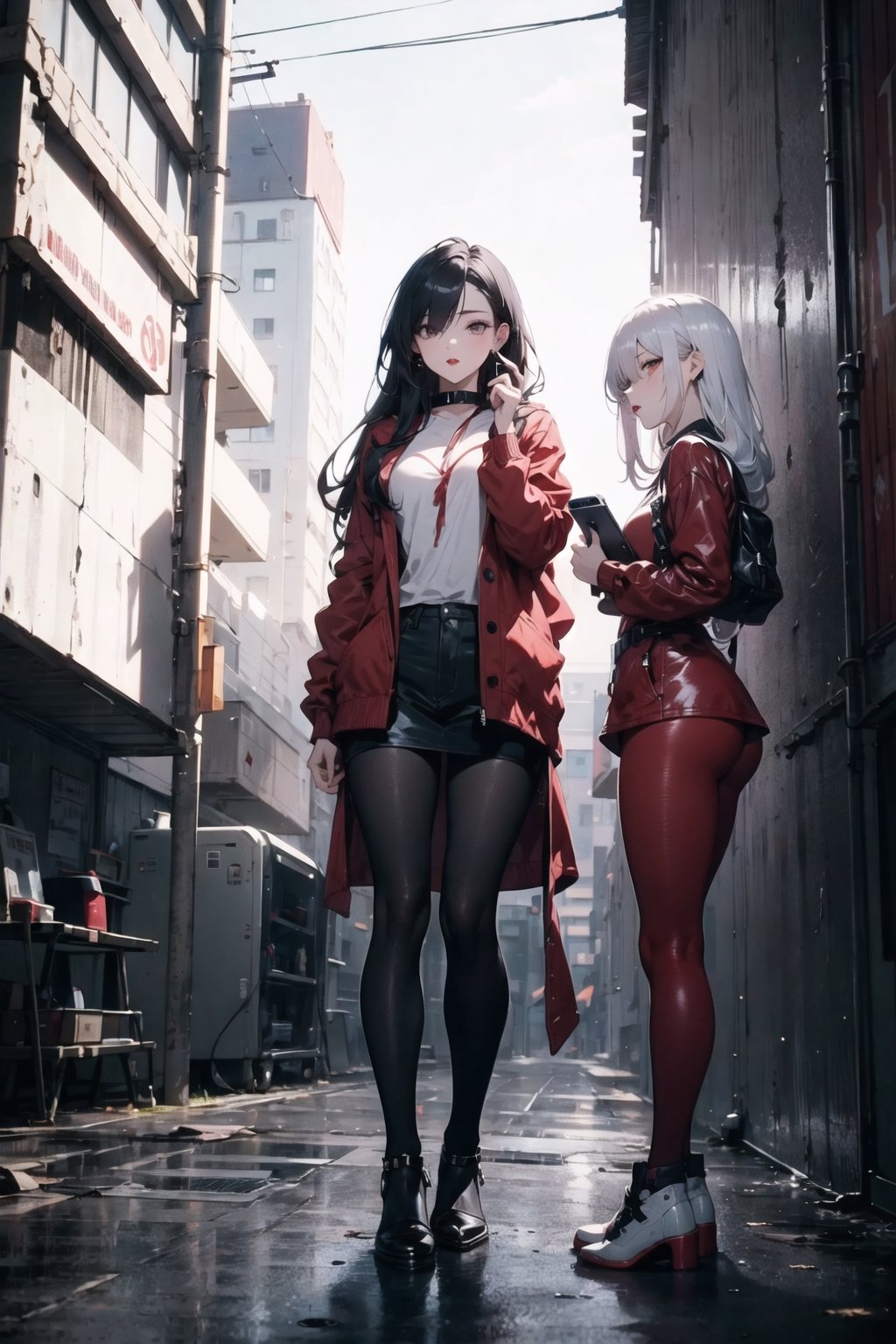 nsfw, 21yo girl, 1girl, black and white hair, red lips, full body, legs apart, long hair, eye 2 separated each eye anemtro from the face, holds a cell phone, looks at the cell phone, long clothes, red clothes, world with buildings, fate/ stay background