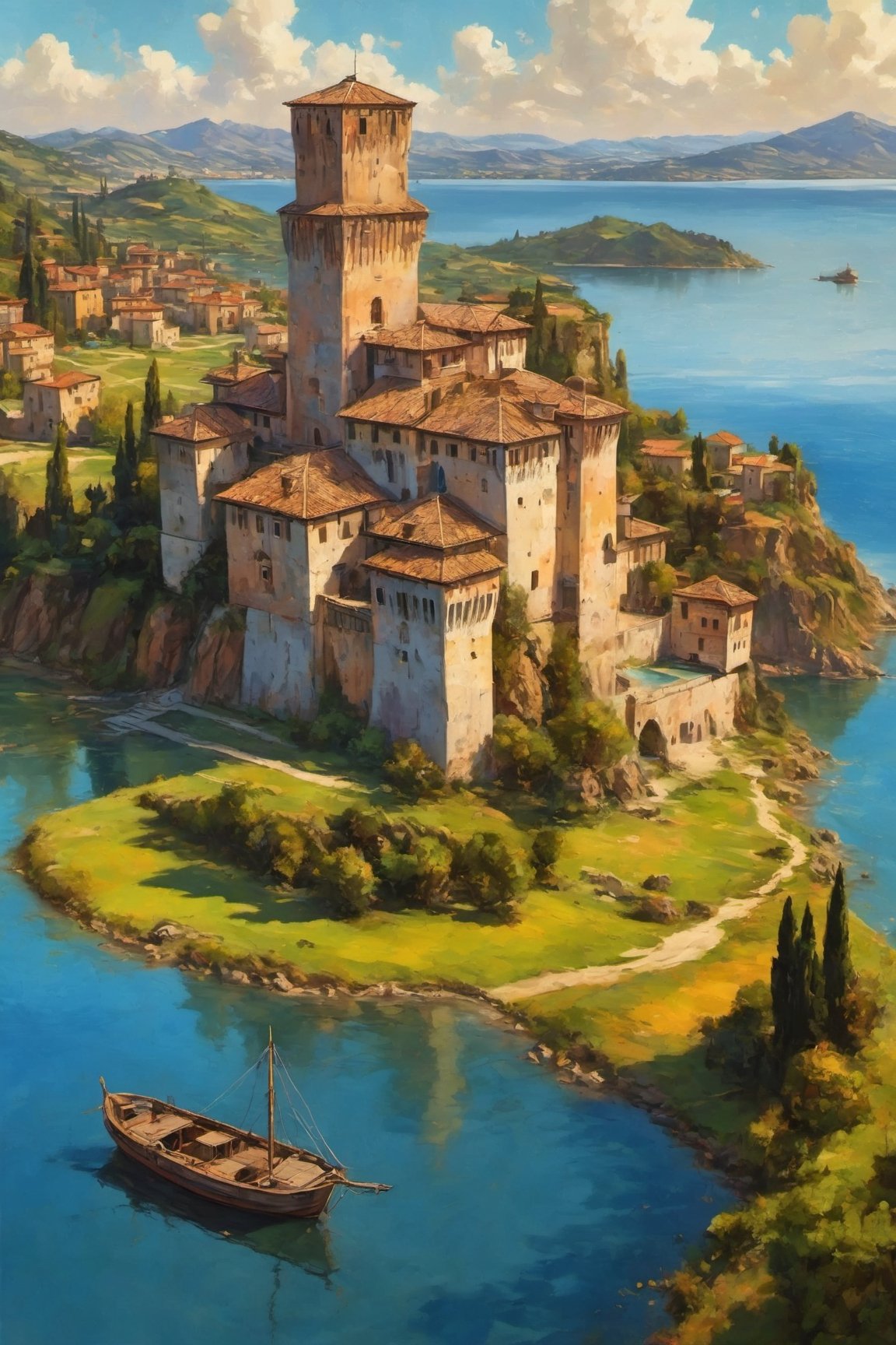 (Oil painting:1.3) of a wonderful (medieval castle in Italy:1.4), island in the middle of a lake, castle full view closeup from the lake shore, (in the open:1.2), 14th century, (golden ratio:1.3), (medieval architecture:1.3), (mullioned windows:1.3), (brick wall:1.1), (towers with merlons:1.2), (broad sky view:1.2), beautiful blue sky with imposing cumulonembus clouds, small boats, BREAK, (aerial view:1.2), in the style of Jack Kirby, (soft diffused lighting:1.2), vignette, highest quality, original shot. BREAK Front view, well-lit, (perfect focus:1.2), award winning, detailed and intricate, masterpiece, itacstl,Comic Book-Style 2d,art_booster,ink ,oil paint
