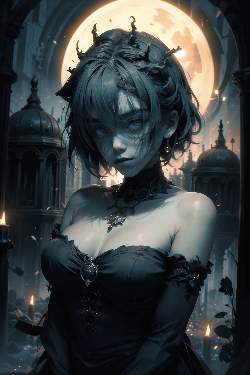 nsfw, nude, 21yo naked girl, (masterpiece, best quality, highres:1.3), ultra resolution image, (1girl), female, (solo), green hair, eyes glinting, eerie charm, gothic, (spectral chic:1.4), cryptic, labyrinthine cemetery, gothic arches, elegance, (necropolis:1.5),glitter, ohterworldly energy, green wisps, undead maiden, moonlit paradise,  (mystic tranquility:1.3), realm of the decease, chaosmix,a woman m111y