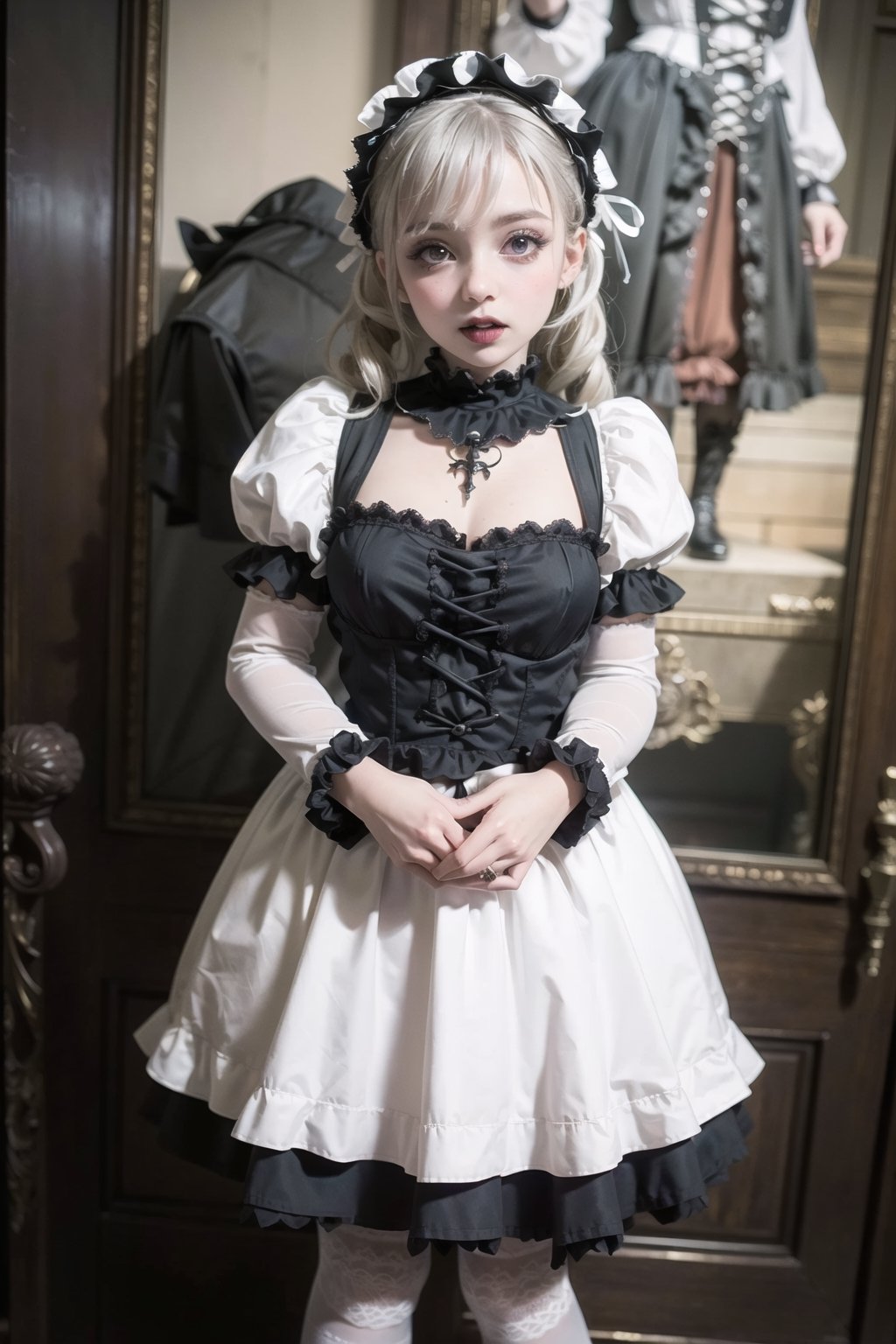 nsfw, nude, naked girl, ((Masterpiece, highest quality)), (Photoreal: 1.4)
//Character// (Gothic Lolita: 1.5), elegant black dress with white, highly detailed ruffles, bonnet over vertical rolls,
A skirt that bulges out with panniers, a white-painted face (heavy makeup 1.4), a sickly beauty,