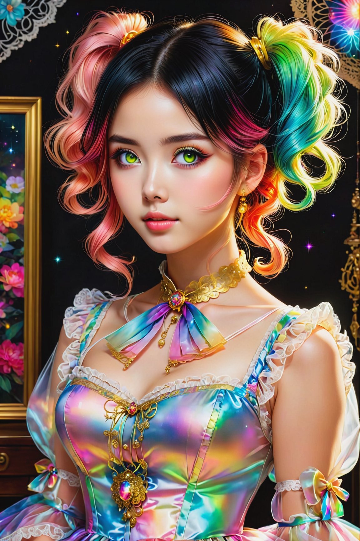 nsfw, nude, 21yo naked girl, (photorealistic:1.4), (masterpiece, sidelights, exquisite beautiful eyes), (face focus,character focus,close to viewer,masterpiece*portrait), realistic,cute face, 3D face,(low twintails, colorful fluorescence multicolored hair:1.4),(1 girl),(gold eyes:1.2),(cowboy shot), (Gothic lolita mesh fabric dress), (cute face),(Nasty face),Gentle face,(perky small breasts),(background is black:1.5), blush, neat and clean, adorable, Slim Body,(tareme:1.5),big eyes, beautiful korean girl,shiny hair, shiny skin,niji,sketch,manga,colorful_girl_v2,masterpiece

lolita