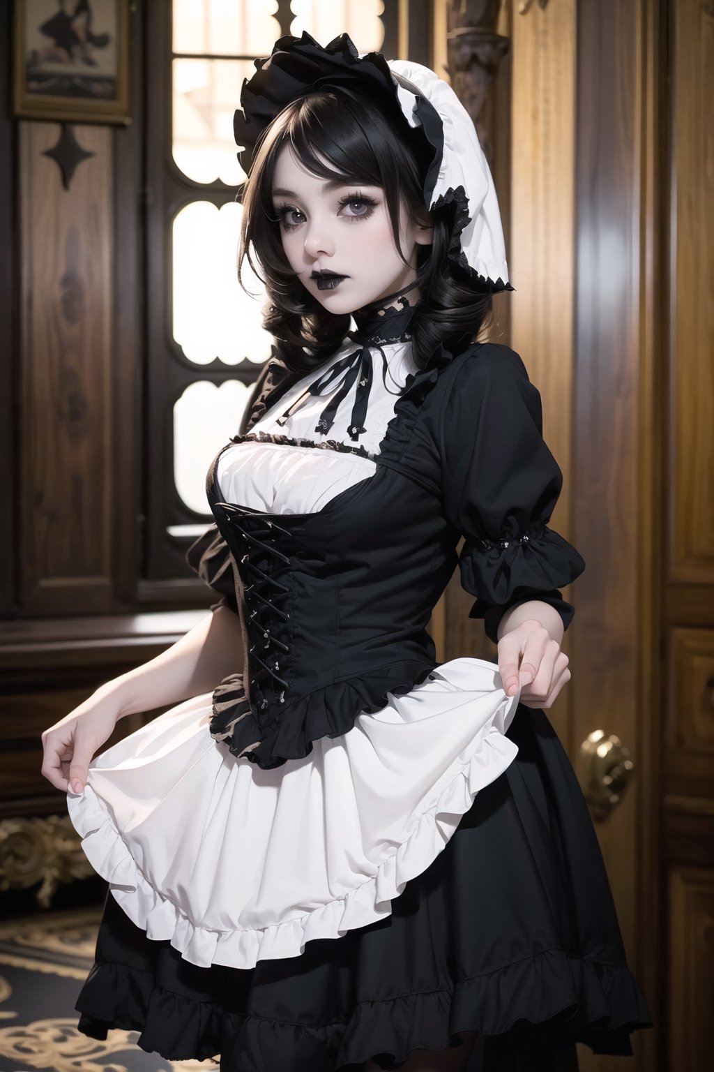 nsfw, nude, naked girl, ((Masterpiece, highest quality)), (Photoreal: 1.4)
//Character// (Gothic Lolita: 1.5), elegant black dress with white, highly detailed ruffles, bonnet over vertical rolls,
A skirt that bulges out with panniers, a white-painted face (heavy makeup 1.4), a sickly beauty,