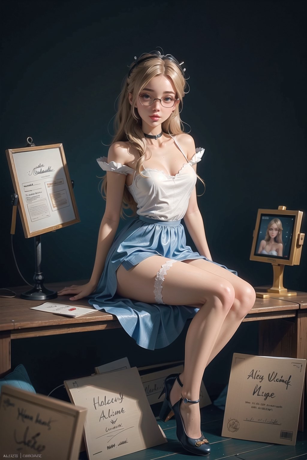 nsfw, 21yo girl, professional photo, stunningly beautiful girl, see-through clothes, sexy blue dress, ((Detailed eyes)), mary jane shoes, full body, sit on desktop, white stockings, glasses, cute body, cute face, alice in wonderland, happy, brunette,High detailed ,Color magic,AliceWonderlandWaifu