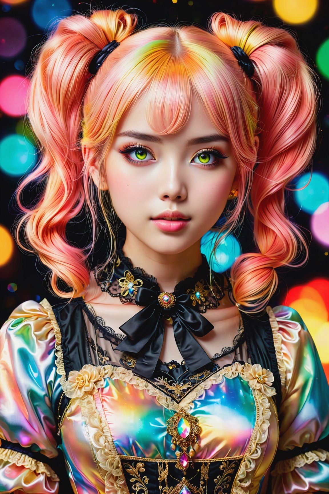 nsfw, nude, 21yo naked girl, (photorealistic:1.4), (masterpiece, sidelights, exquisite beautiful eyes), (face focus,character focus,close to viewer,masterpiece*portrait), realistic,cute face, 3D face,(low twintails, colorful fluorescence multicolored hair:1.4),(1 girl),(gold eyes:1.2),(cowboy shot), (Gothic lolita mesh fabric dress), (cute face),(Nasty face),Gentle face,(perky small breasts),(background is black:1.5), blush, neat and clean, adorable, Slim Body,(tareme:1.5),big eyes, beautiful korean girl,shiny hair, shiny skin,niji,sketch,manga,colorful_girl_v2,masterpiece

lolita