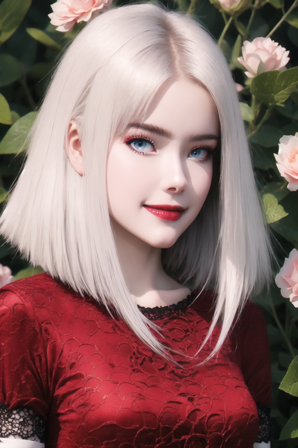 nsfw, 21yo girl, (1 cute girl), (white hair), grey eyes, wearing a beautiful light blue lace dress. pale skin, (flower art background), eye_detail, multi coloured flower background, face_detail, hair_detail with red flower, smile, more_detail, add_detail, add detailed, cute_face, corset, (upper body shot), (dynamic poses),ChopioDestiny,1 girl