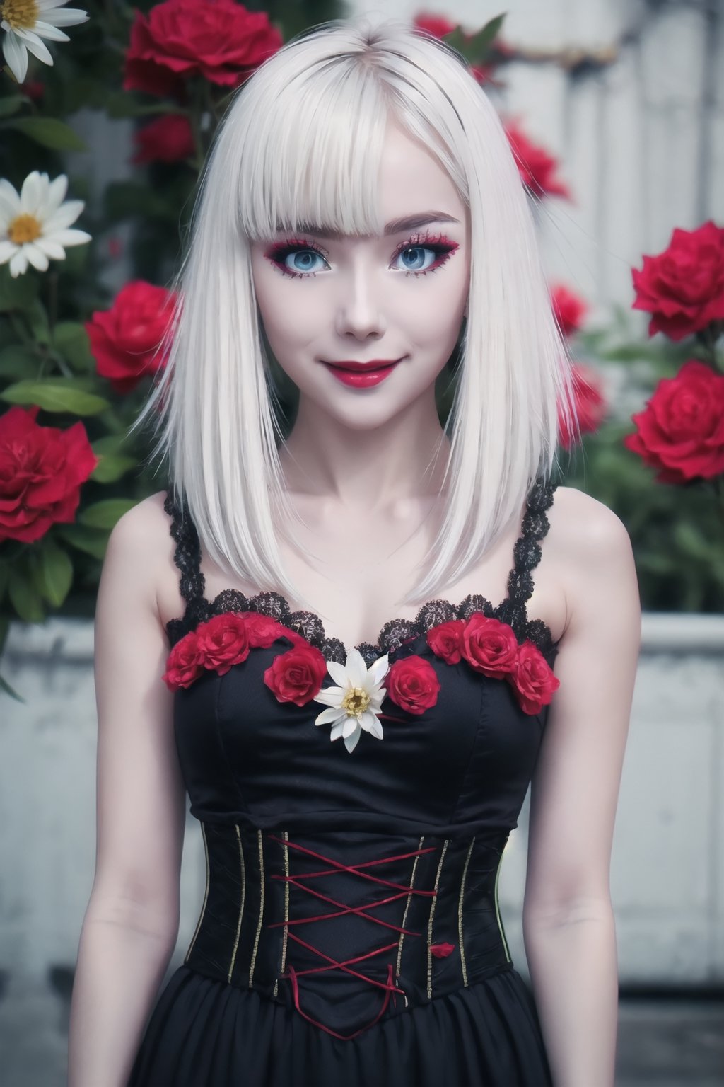 nsfw, 21yo girl, (1 cute girl), (white hair), grey eyes, wearing a beautiful light blue lace dress. pale skin, (flower art background), eye_detail, multi coloured flower background, face_detail, hair_detail with red flower, smile, more_detail, add_detail, add detailed, cute_face, corset, (upper body shot), (dynamic poses),ChopioDestiny,1 girl