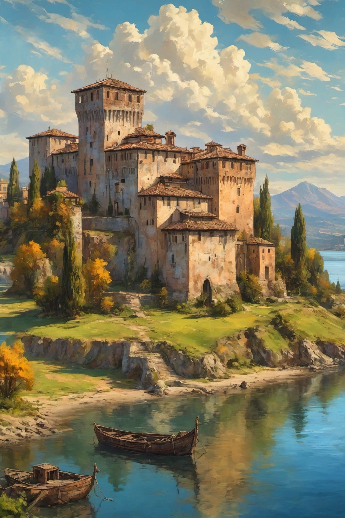 (Oil painting:1.3) of a wonderful (medieval castle in Italy:1.4), island in the middle of a lake, castle full view closeup from the lake shore, (in the open:1.2), 14th century, (golden ratio:1.3), (medieval architecture:1.3), (mullioned windows:1.3), (brick wall:1.1), (towers with merlons:1.2), (broad sky view:1.2), beautiful blue sky with imposing cumulonembus clouds, small boats, BREAK, (aerial view:1.2), in the style of Jack Kirby, (soft diffused lighting:1.2), vignette, highest quality, original shot. BREAK Front view, well-lit, (perfect focus:1.2), award winning, detailed and intricate, masterpiece, itacstl,Comic Book-Style 2d,art_booster,ink ,oil paint