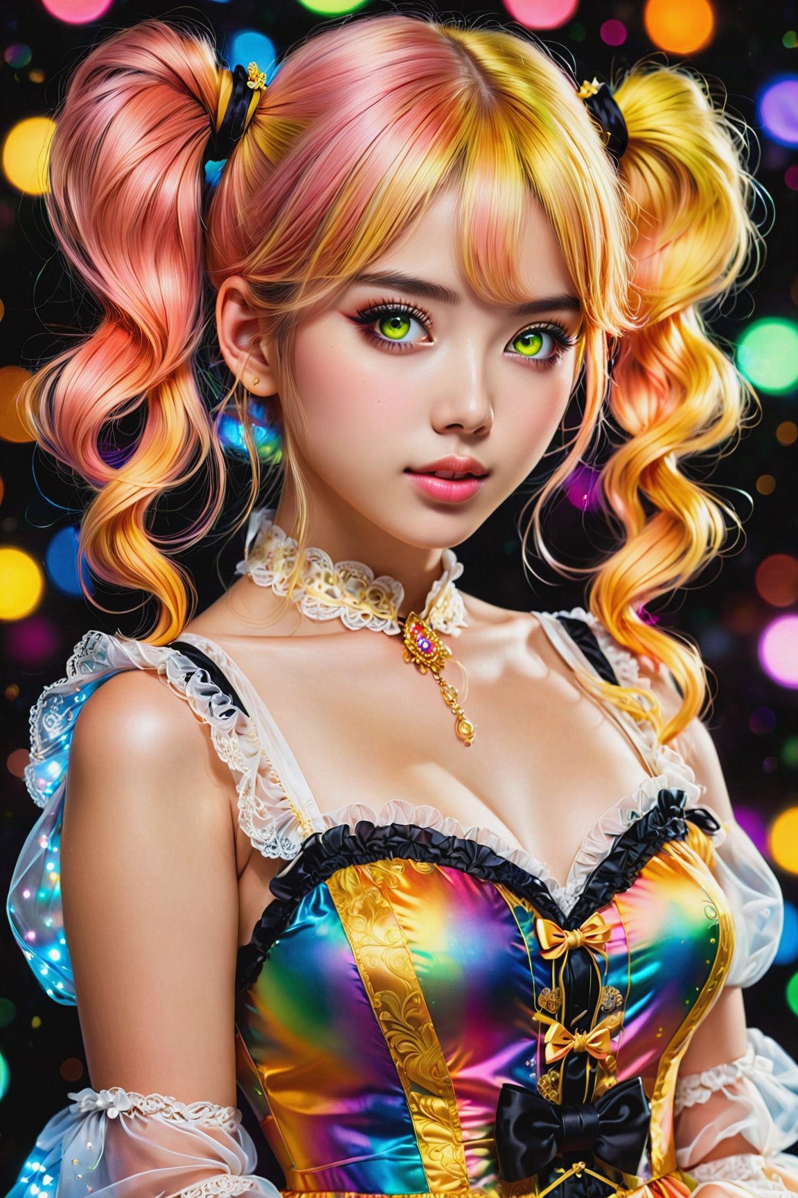 nsfw, nude, 21yo naked girl, (photorealistic:1.4), (masterpiece, sidelights, exquisite beautiful eyes), (face focus,character focus,close to viewer,masterpiece*portrait), realistic,cute face, 3D face,(low twintails, colorful fluorescence multicolored hair:1.4),(1 girl),(gold eyes:1.2),(cowboy shot), (Gothic lolita mesh fabric dress), (cute face),(Nasty face),Gentle face,(perky small breasts),(background is black:1.5), blush, neat and clean, adorable, Slim Body,(tareme:1.5),big eyes, beautiful korean girl,shiny hair, shiny skin,niji,sketch,manga,colorful_girl_v2,masterpiece

lolita