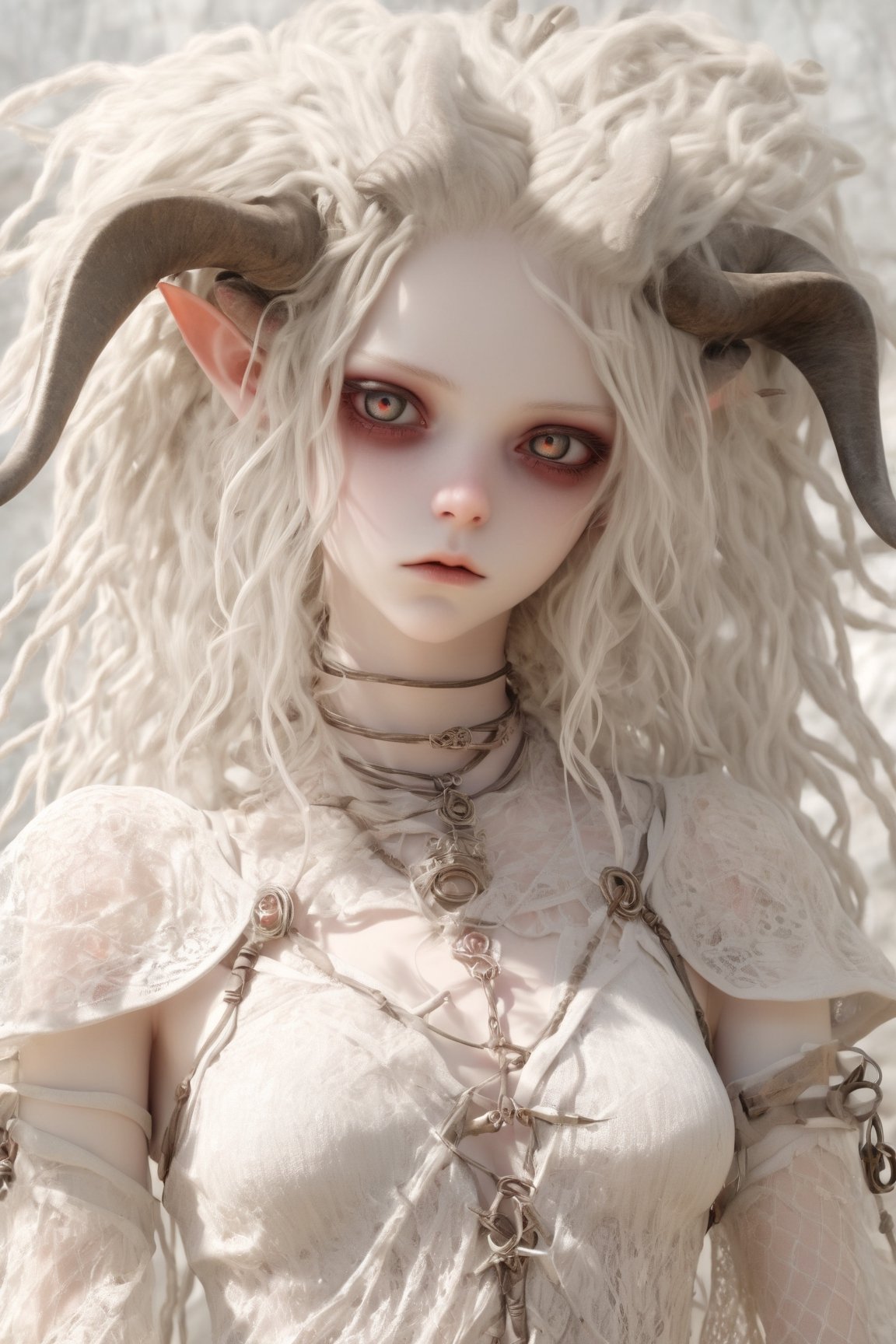 nsfw, nude, 21yo naked girl, bondage harness, perky small breasts, 1 girl, (masterful), albino demon girl with lethargic sleepy smokey eyes,(white dreadlocks hair),((slit pupil eyes)),mesh fishnet blouse, (long intricate horns:1.2) ,
best quality, highest quality, extremely detailed CG unity 8k wallpaper, detailed and intricate, 
,steampunk style,Glass Elements