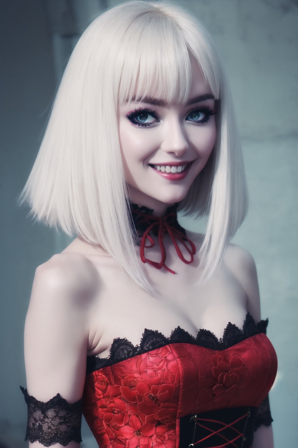 nsfw, 21yo girl, (1 cute girl), (white hair), grey eyes, wearing a beautiful light blue lace dress. pale skin, (flower art background), eye_detail, multi coloured flower background, face_detail, hair_detail with red flower, smile, more_detail, add_detail, add detailed, cute_face, corset, (upper body shot), (dynamic poses),ChopioDestiny,1 girl