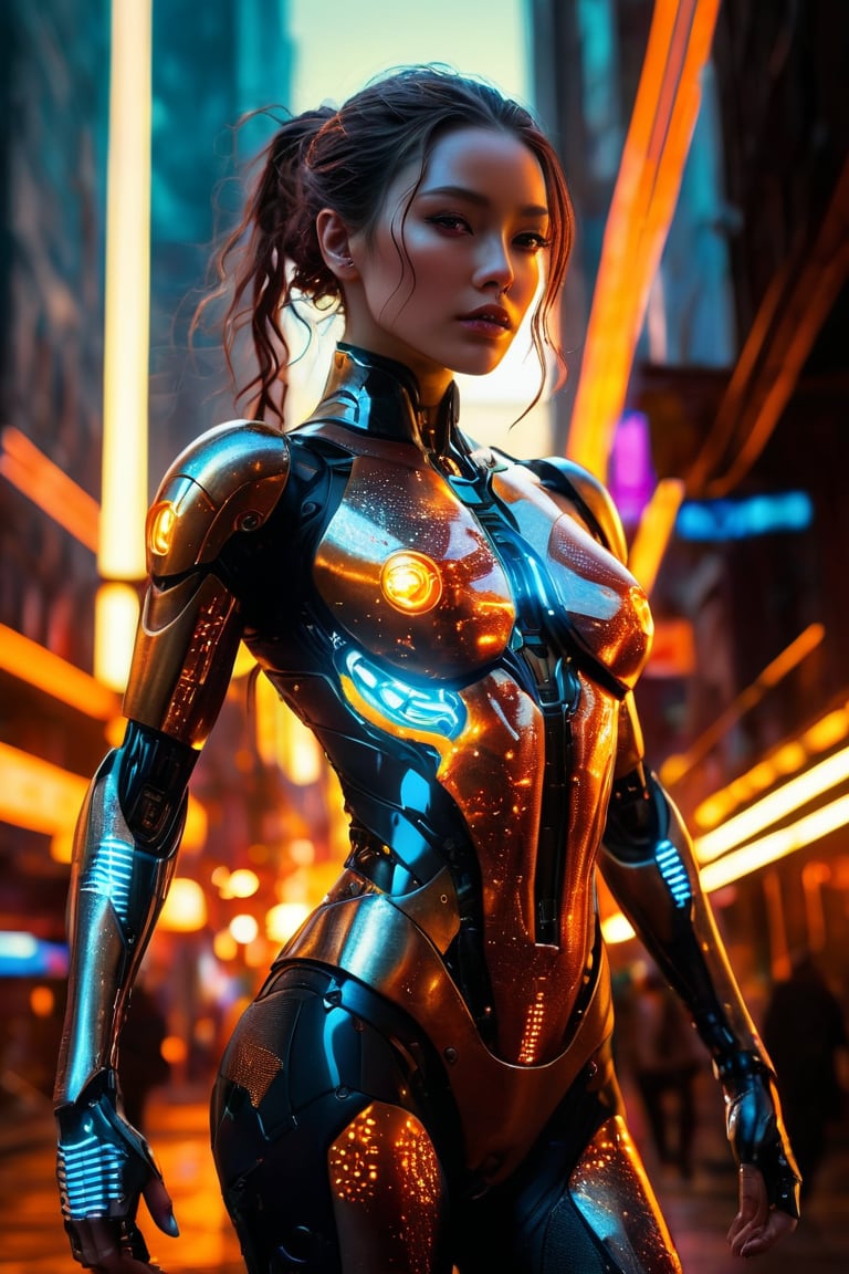 In a cyberpunk cityscape bathed in soft natural volumetric cinematic light, a phantasmagorical figure emerges. The translucent skin and body of the sexy cyborg woman glow with a fiery intensity, as neon veins pulse beneath her ethereal flesh. Backlit by a blaze of color, she stands tall, her fragmented body parts reassembling like a mosaic. Spheres break off her face, releasing a cascade of particles that swirl around her like a vortex. Firefly lights dance across her skin, casting a warm glow on the cityscape's steel and concrete landscape. With motion blur and ultra-wide angle framing, the composition is a masterpiece of depth, drama, and atmospheric tension.