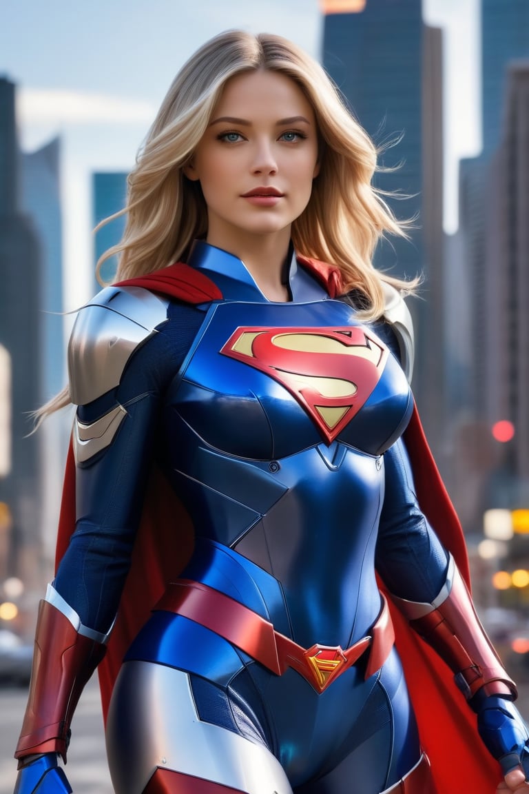 A dreamy Supergirl stands confidently, her long golden blonde hair streaked with subtle highlights framing her radiant face as it blows in the wind. The vibrant makeup accentuates her striking facial structure as she gazes directly at the camera, blue eyes sparkling like stars on a clear evening sky. She wears a stunning white, red, and blue outfit with loose folds, complemented by matte Kryptonian ceramic mecha armor computer with gauntlets, leggings and boots Against a warm cityscape backdrop, the unfocused urban landscape serves as a dramatic backdrop for this epic character composition,mecha\(hubggirl)\