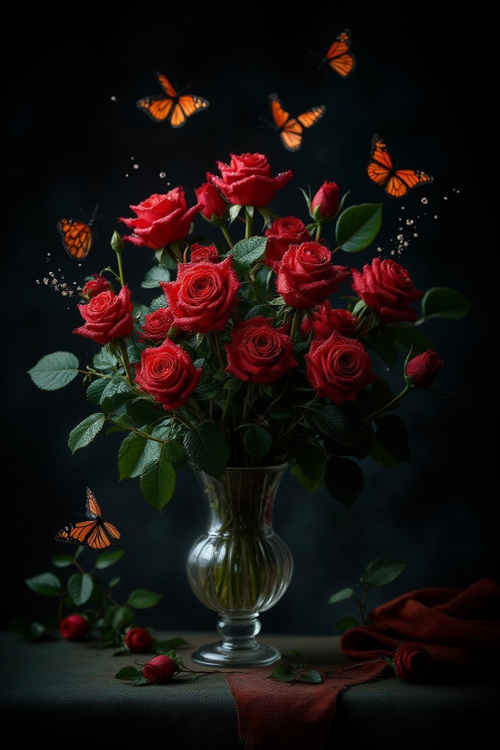 A captivating still life scene unfolds: a delicate wet bouquet of vibrant red rose buds, adorned with glistening dewdrops, lies nestled among lush green leaves on a dark, mysterious background. Monarch butterflies, their iridescent wings shimmering in the faint light, dance delicately above the arrangement, as if sipping nectar from the crystal vase that cradles the stems. The soft focus and gentle illumination evoke a sense of serenity and wonder.