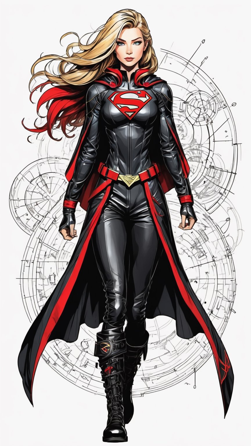 dark, gritty, realistic, mix of bold dark lines and loose lines, bold lines, on paper, turnaround character sheet, a stunningly beautiful (masterpiece, best quality:1.3), (2d:1.3), ink (medium), t-shirt design, White background, ((Half body)),portrait, supergirl, long red cape, outer_space, space hair, levitating, sky, zero gravity, above city, (((View from behind, she is looking over her shoulder))), depth_of_field bits of color, Sketch book, hand drawn, dark, gritty, realistic sketch, Rough sketch, mix of bold dark lines and loose lines, bold lines, Black paper, turnaround character sheet, arcane symbols, runes, dark theme, flowing partially blonde hair, handsome, ((all black padded leather clothing with red accents)), embroidered with runes, modest, black leather pants,  leather rune embroidered boots, (sharp lines), lines of bold ink, strong outlines, bold strokes, high contrast, (professional vector), best quality, flat colors, flat lights, no shadows, low levels, ((geometric shapes)), paint splatters, ((arcane symbols)), runes, dark theme, Perfect composition golden ratio, masterpiece, best quality, 4k, sharp focus. Better hand, perfect anatomy, ((safe for work))