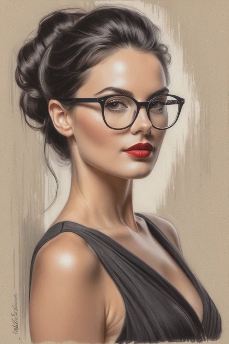 pencil Sketch of a beautiful young woman, with black hair, elegant updo hairstyle, glasses, alluring, portrait by Charles Miano, pastel drawing, illustrative art, soft lighting, detailed, more Flowing rhythm, elegant, low contrast, add soft blur with thin line, three quarter pose, red theme