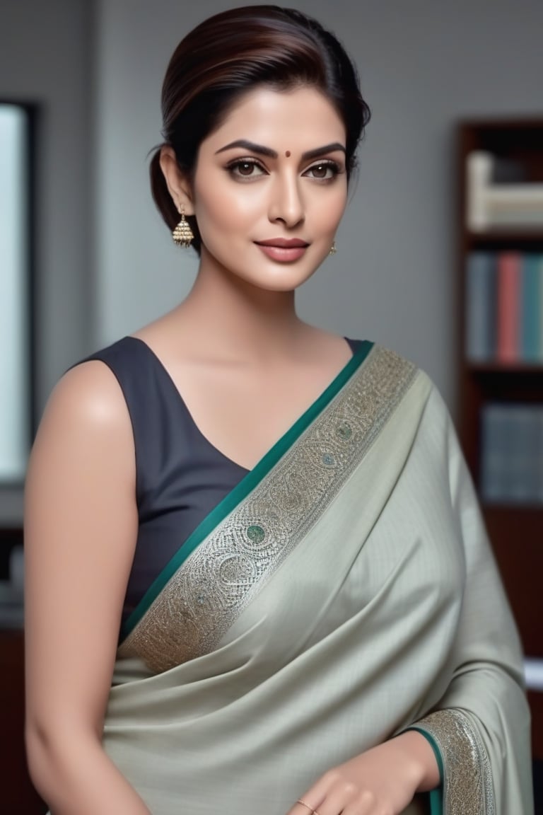 create a hyper realistic vertical photo of Indian most attractive woman in her 50s, Trendsetter wolf cut hair, trending on artstation, portrait, digital art, modern, sleek, highly detailed, formal, determined, wearing plain cotton saree, in luxurious office, 36D , fairy tone, fair skin, flirty gaze, anne hathway