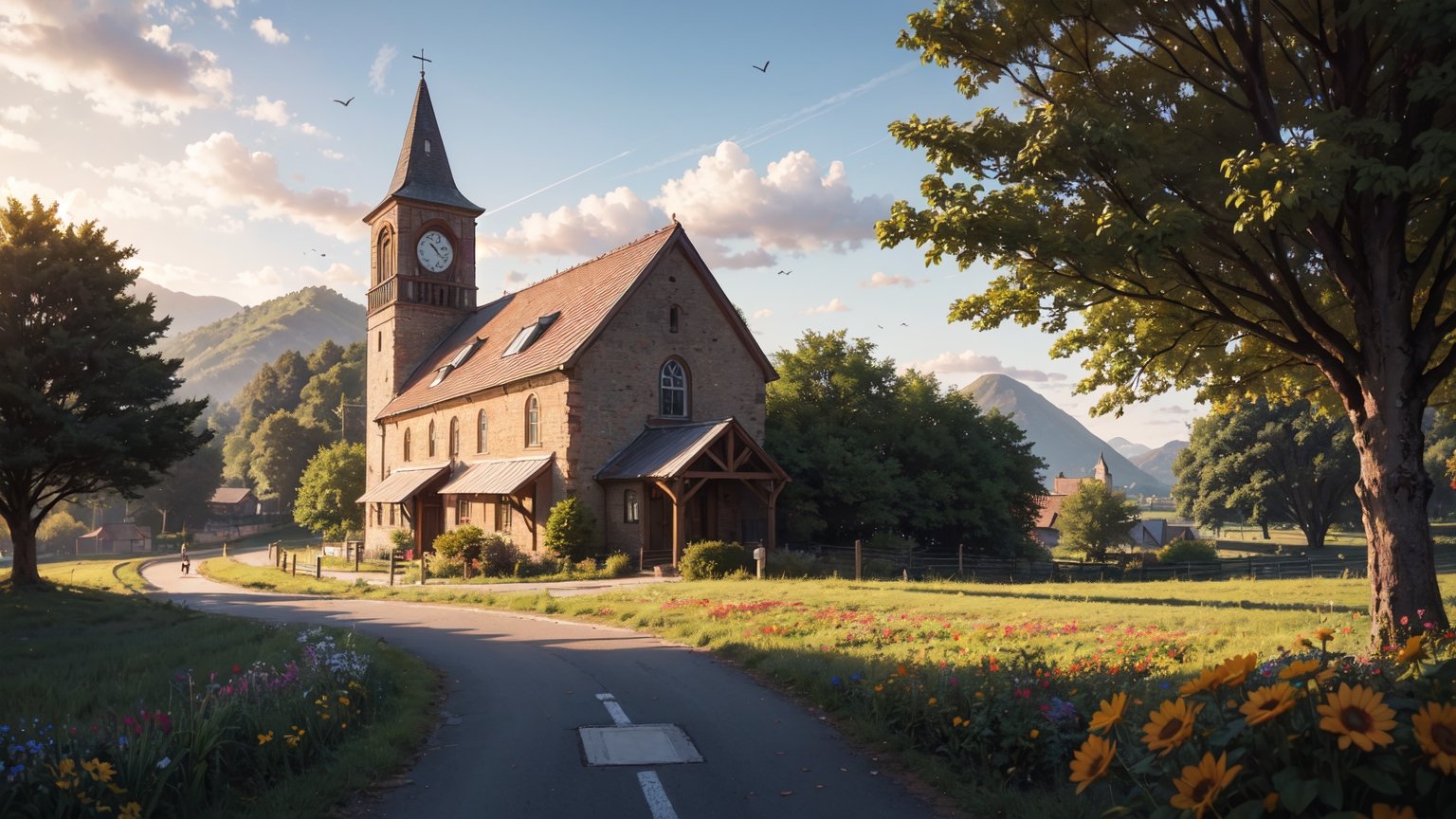 Masterpiece, top quality, high definition, high resolution
Countryside farm, wheat fields,trees , summer day , sky, farming, birds, flowers,road leading to a church at hill, evening time , mountain 