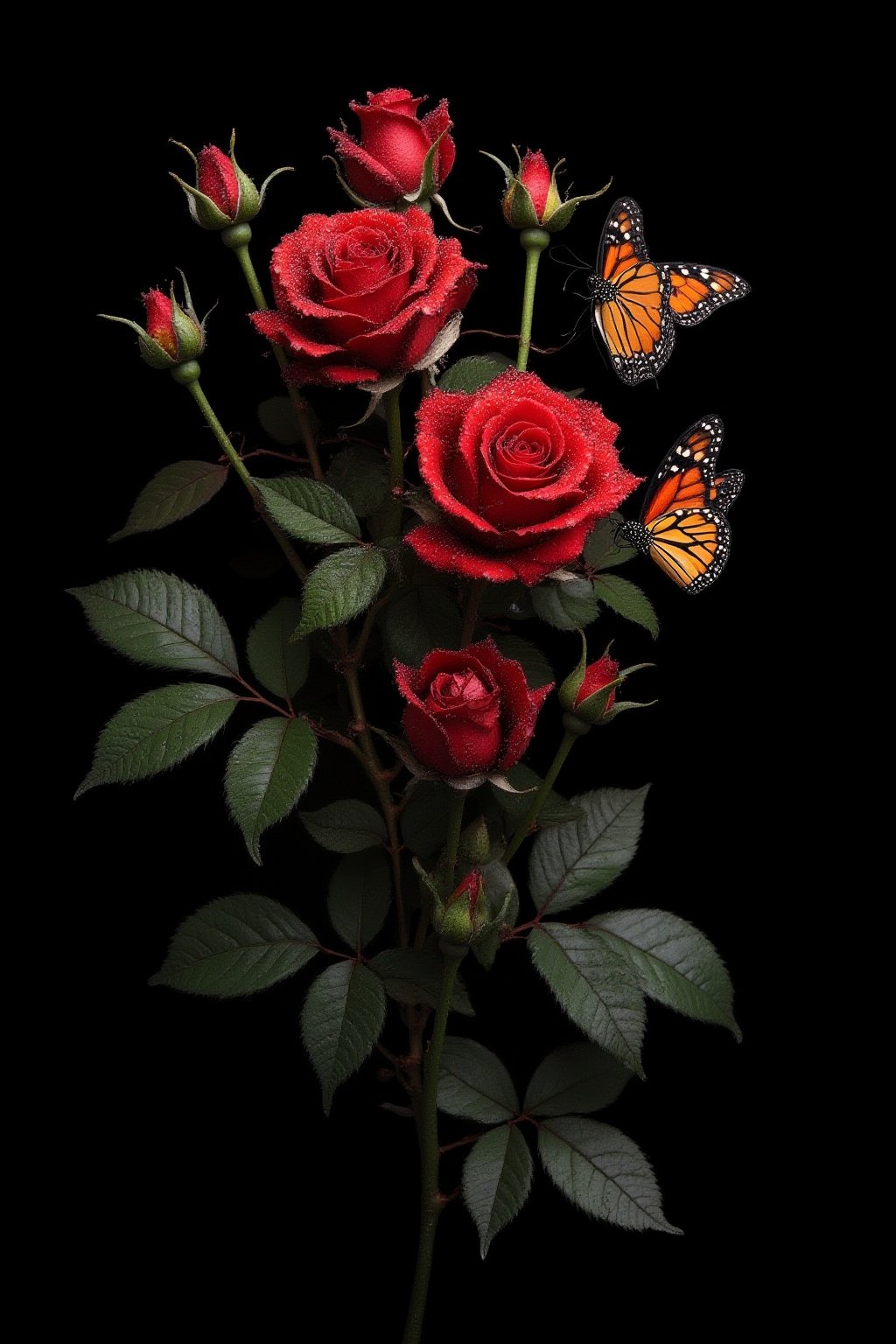 wet bouquet of red rose buds, dewdrops, monarch butterflies, green leaves, solid black background 