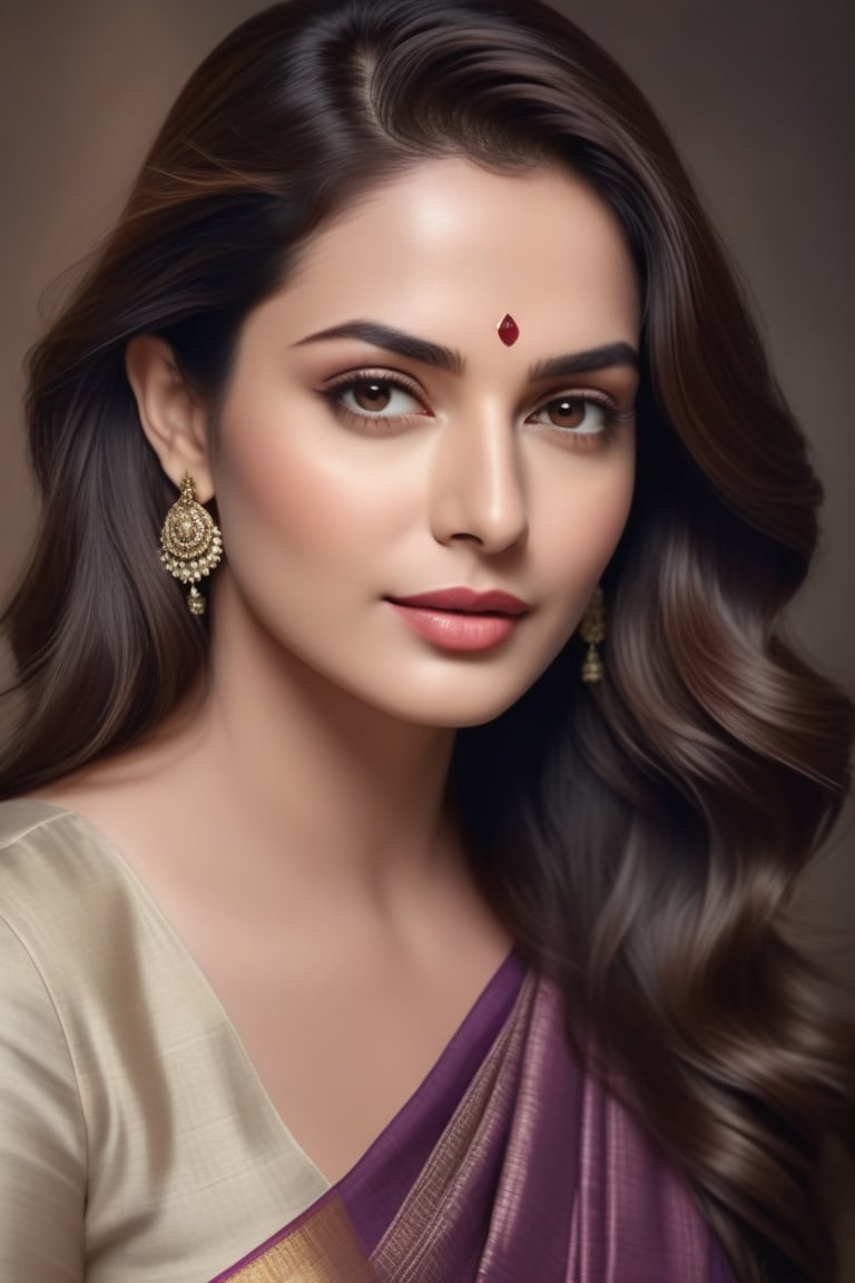 create a hyper realistic vertical photo of Indian most attractive woman in her 50s, Trendsetter long wavy hair, trending on artstation, portrait, digital art, modern, sleek, highly detailed, formal, determined, wearing plain cotton saree, in luxurious office, 36D , fairy tone, fair skin, flirty gaze, anne hathway