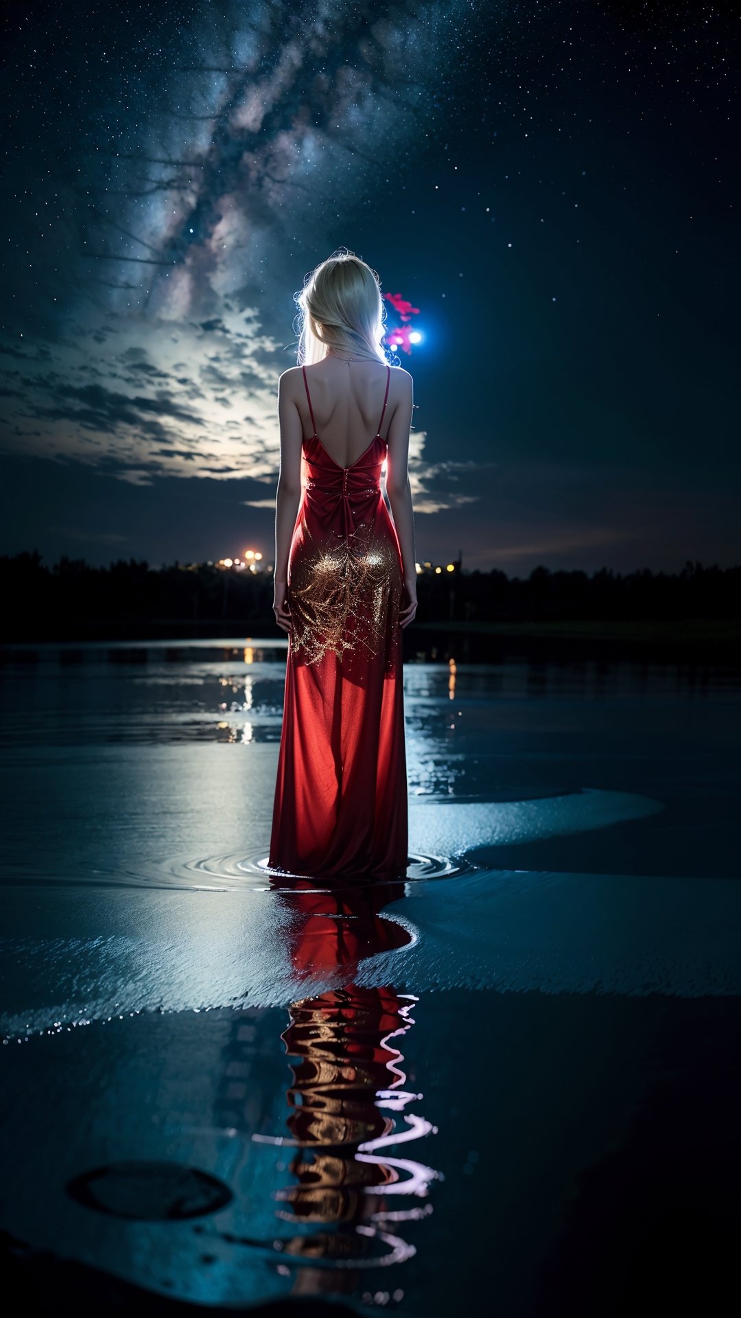 beautiful woman standing at the centre of the illustration, long red dress with bare back, shot from behind, low view, shot from below, starry night sky, face barely visible, almost turning back, blonde hair, night sky, mirror watery ground, masterpiece, high quality, high resolution, highly detailed. 8k, HD resolution