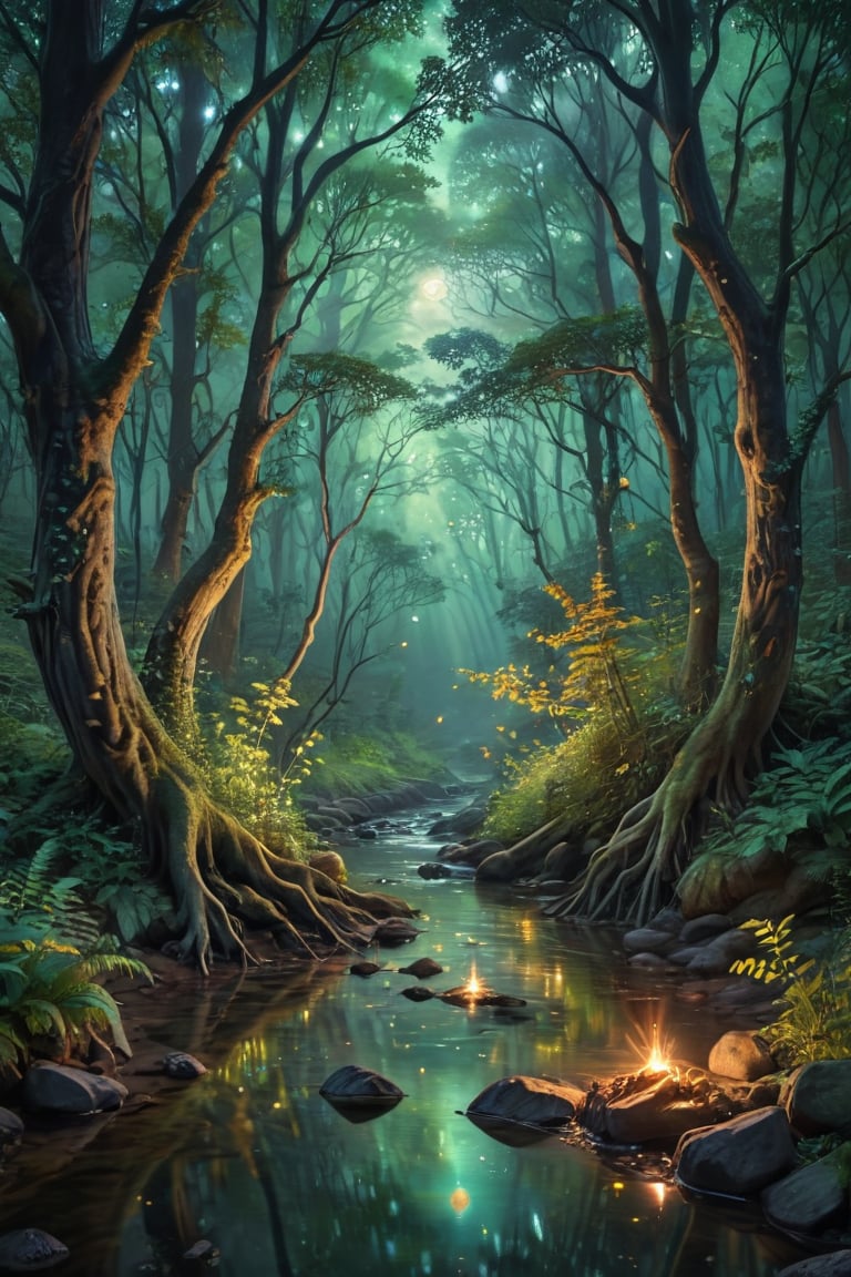 Whispers of the Ancient: A Celestial Serenade

In a lush, 4K forest scene, towering trees stretch towards the starry cosmos, their gnarled branches intertwined like nature's own celestial music. Dappled sunlight filters through leaves, casting a warm glow on the mystical creatures peeking from behind foliage, their ethereal forms aglow with an otherworldly light. A gentle stream flows, its gentle song harmonizing with the whispers of ancient wisdom. Vibrant hues of emerald and amber dance across the scene, as stars twinkle like diamonds in the night sky, casting a tranquil and enchanting atmosphere, where magic dwells.