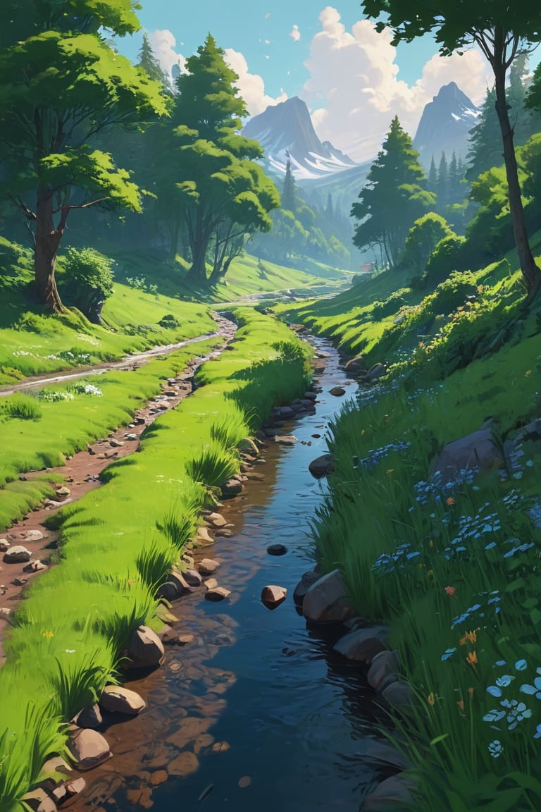 a digital painting of a stream running through a lush green field with trees and flowers, inspired by sylvain sarrailh, painted by andreas rocha, andreas rocha style, inspired by Andreas Rocha, in style of atey ghailan, by Andreas Rocha, the style of andreas rocha, anime countryside landscape, by sylvain sarrailh, inspired by Atey Ghailan, scenery artwork, sylvain sarrailh, scenery art detailed, anime nature wallpap, background art, scenery game concept art, landscape illustration, Atey Ghailan, anime landscape, anime nature