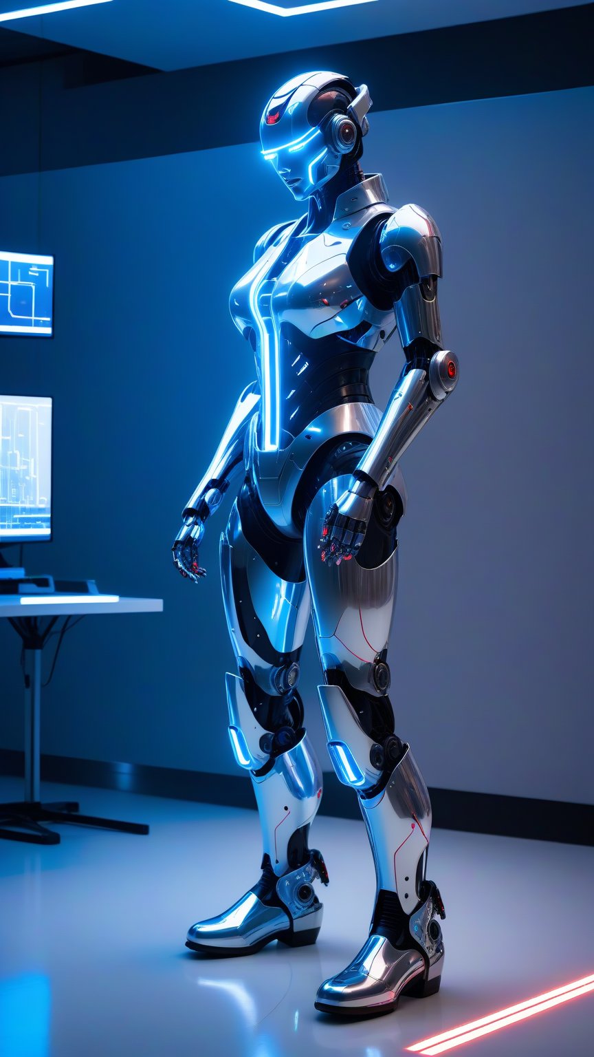 A futuristic humanoid robot with glowing blue circuits embedded in its metallic skin, equipped with articulated fingers and red LED eyes, standing at attention with boots on a polished white floor in a high-tech laboratory. The space is filled with holographic screens displaying intricate algorithms and data streams, illuminated by a soft neon blue light that creates a dynamic interplay of shadows, blending a cyberpunk aesthetic with technological precision.