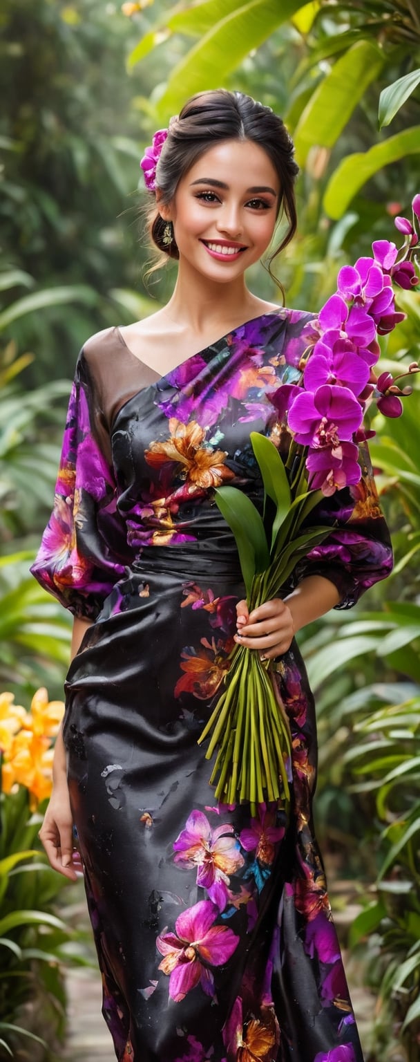 a beautiful young woman holding a bouquet of orchids, long black flowing hair, chignon,brown eyes,lipgloss,expressive realistc detailed outfits,vibrant colors dress,kind smile, bliss,🌿💕😀,colorful,beautiful and aesthetic,