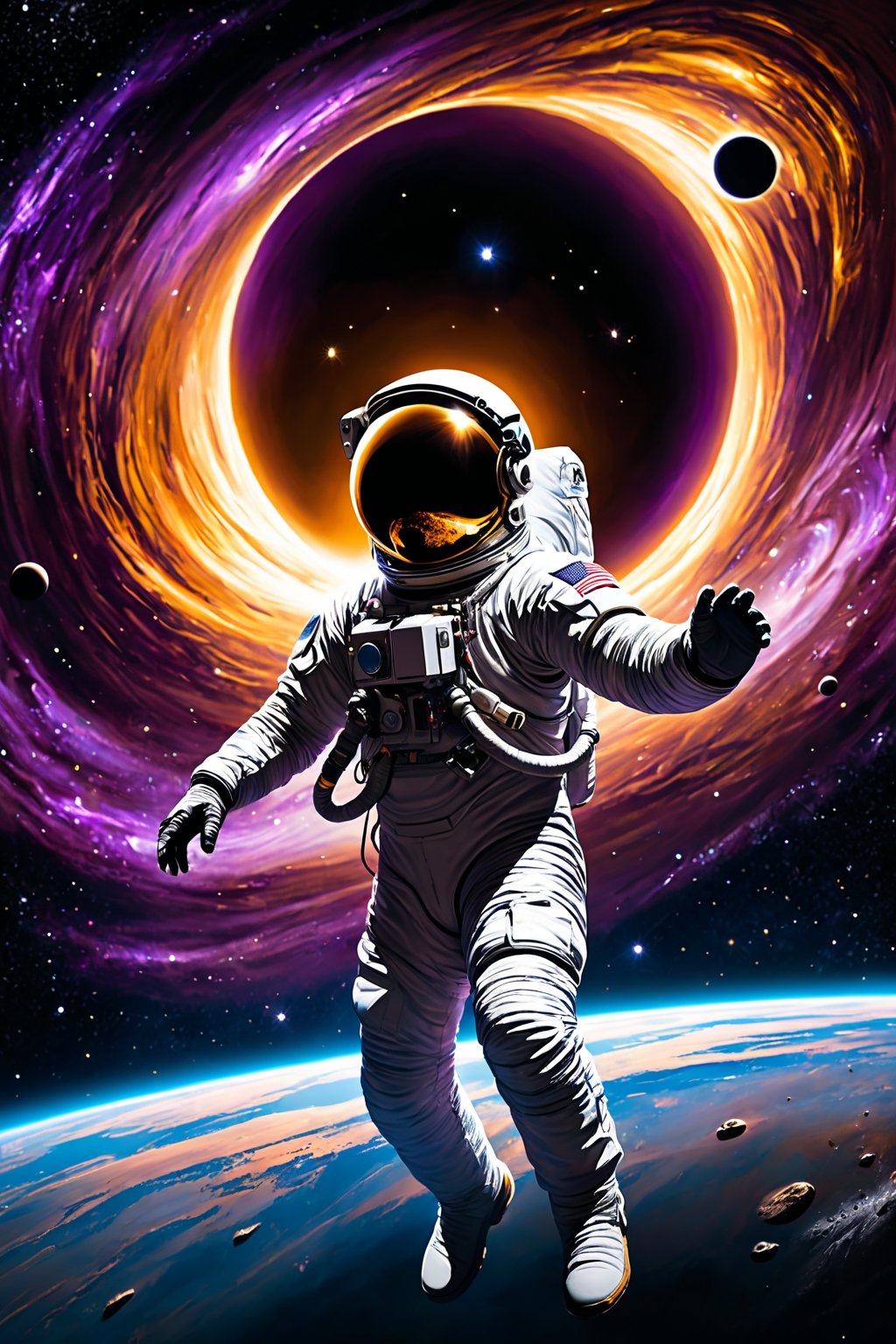 A cinematic masterpiece: against a starry space backdrop, a massive black hole dominates the frame, its swirling, electric blue-purple hues warping space-time. In the foreground, a lone astronaut in a white spacesuit with gold-tinted visor plummets towards the void, their body stretched in desperation. Golden brown skin tone and obscured features add to the sense of unease as they succumb to the black hole's gravitational pull.