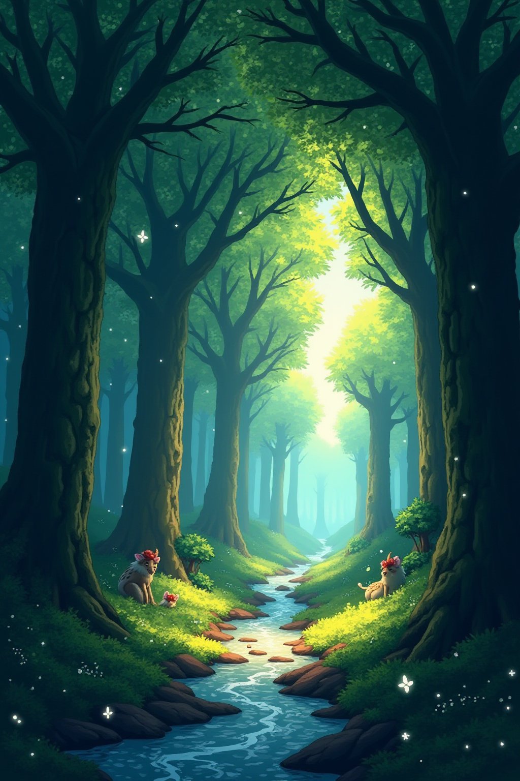 Viral anime nature wallpaper in 4K quality, in the style of digital illustration inspired by Hayao Miyazaki, featuring a serene forest with towering ancient trees, dappled sunlight filtering through the leaves. a gentle stream fowing through the scene. and mystical creatures peeking from behind the follage; vibrant and warm color temperature. cosmos tighting with stars twinkling in the s&ky, no human characters. the atmosphere is tranquil and enchanting