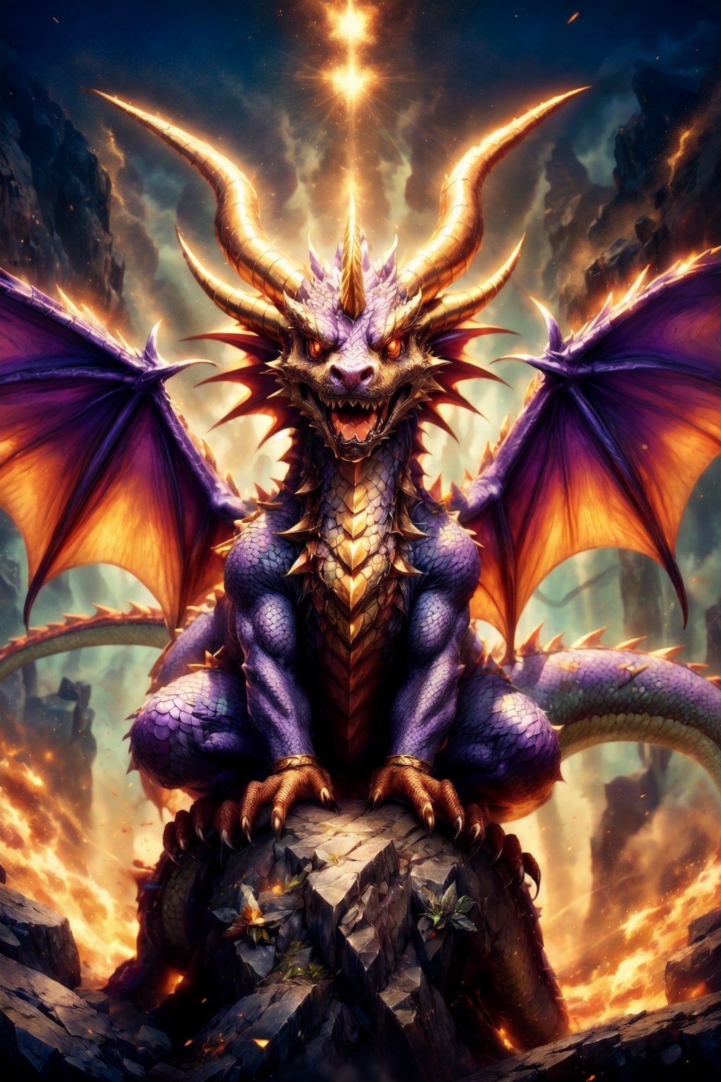 Generate hyper realistic DRAGON cub, Dragon cub made like the video game character Spyro, with dragon scales with a shiny purple and gold outline,  horns golden and two red wings,  it has four purple legs,  a charismatic personality,  a cunning look,  the dragon has the tip of its tail in the shape of a golden arrow,xxmixgirl