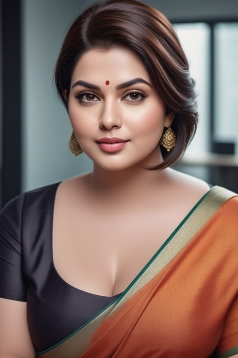 create a hyper realistic vertical photo of Indian most attractive plus sized chubby woman in her 50s, Trendsetter wolf cut hair, trending on artstation, portrait, digital art, modern, sleek, highly detailed, formal, determined, wearing plain cotton saree, in luxurious office, 36D , fairy tone, fair skin, flirty gaze, anne hathway