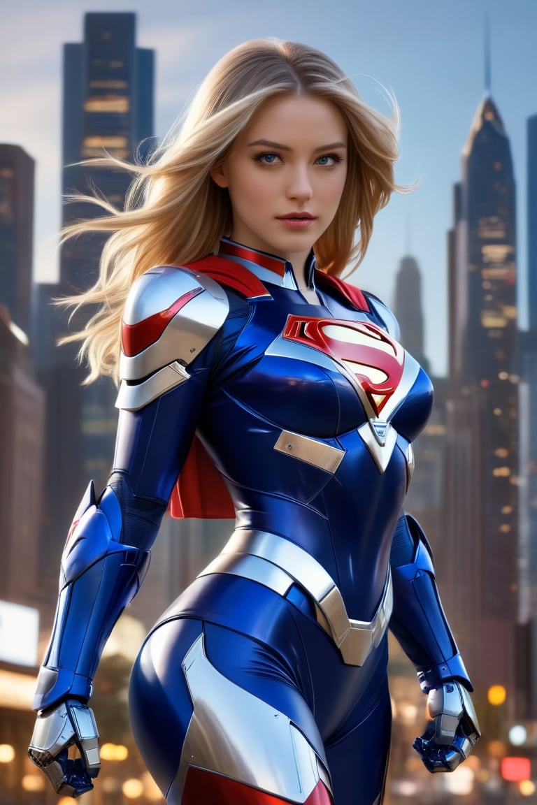 Here's a high-quality prompt based on your description:

A dreamy Supergirl stands confidently in front of a warm cityscape backdrop, her long golden blonde hair blowing gently in the wind, with subtle highlights framing her radiant face. Her vibrant makeup accentuates her striking facial structure as she gazes directly at the camera, blue eyes sparkling like stars on a clear evening sky. She wears a stunning white, red, and blue outfit with loose folds, complemented by matte Kryptonian ceramic mecha armor computer with gauntlets, leggings, and boots. The unfocused urban landscape serves as a dramatic backdrop for this epic character composition,mecha\(hubggirl)\