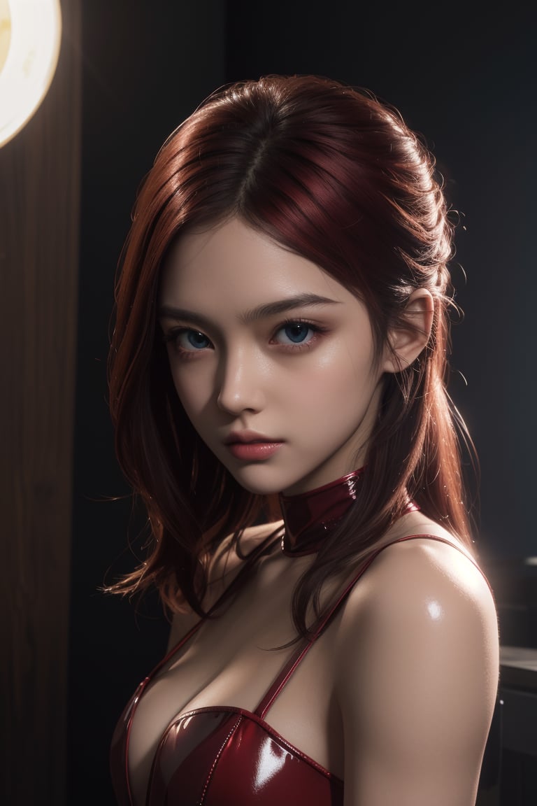 master piece, best quality, 1 girl, (colorful), (finely detailed beautiful eyes hyper and detailed face), cinematic, cinematic lighting, bust shot, extremely detailed CG unity 8K wallpaper, realistic cute anime girl in sexy red dress full body, latex, shiny, red hair, long hair, detailed face, made up face, pretty, petite, proportioned face, large eyes, hires, octane render, highly detailed, unreal engine, dynamic, 