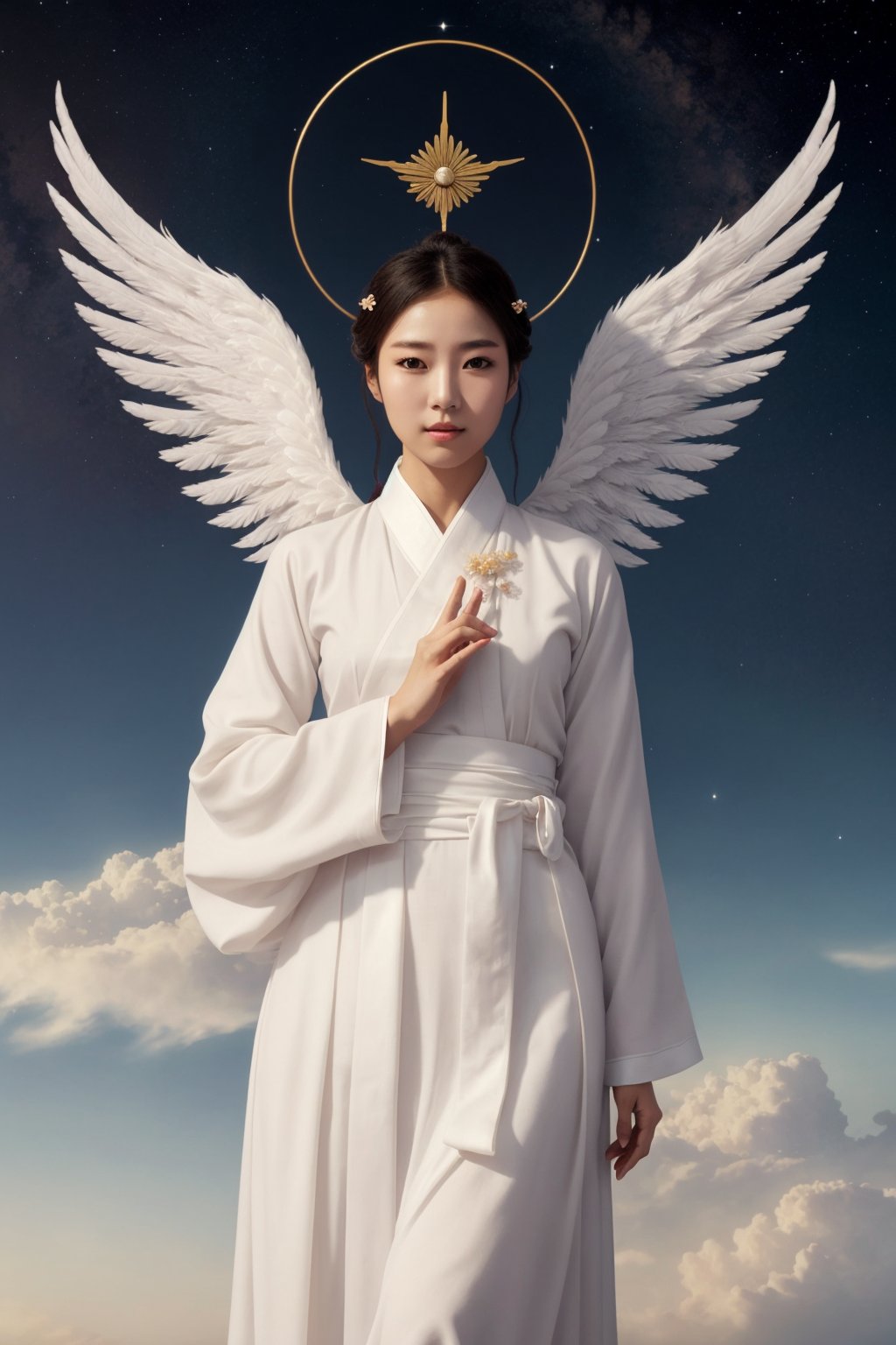 (masterpiece:1.2, best quality), 1lady, solo, Angelic messenger, Feathered wings, Celestial realm, Divine messages, Grace, Purity, Compassion, upper body, sky, cloud, hanbok