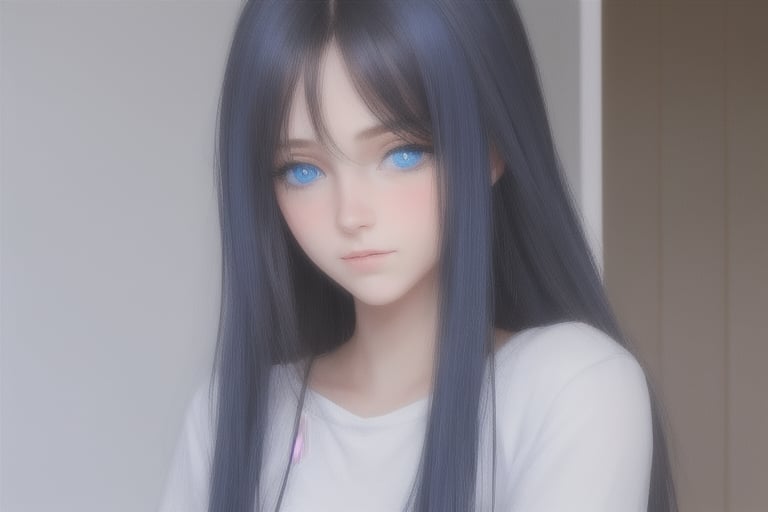 Blue eyes, long hair, shy