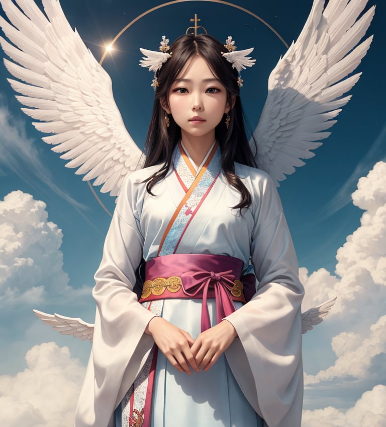 (masterpiece:1.2, best quality), 1lady, solo, Angelic messenger, Feathered wings, Celestial realm, Divine messages, Grace, Purity, Compassion, upper body, sky, cloud, hanbok