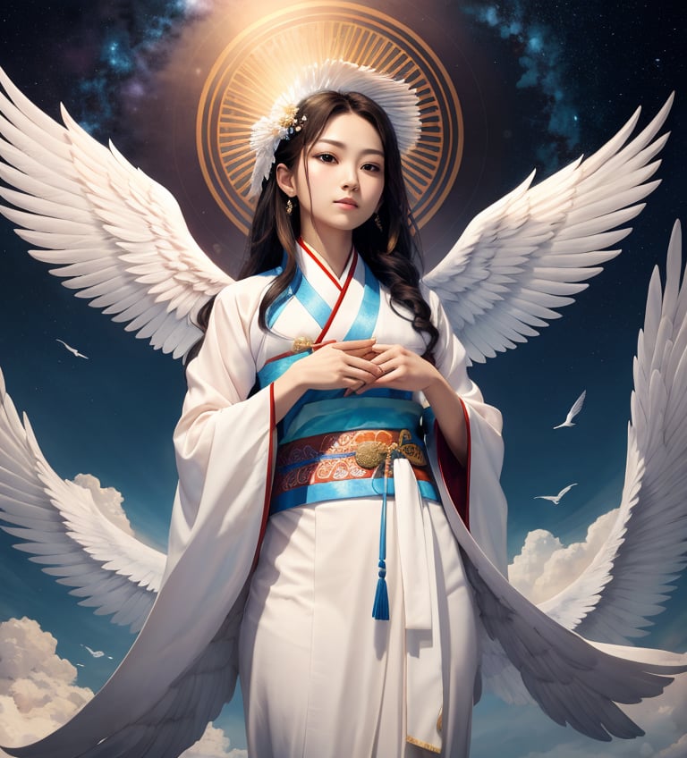 (masterpiece:1.2, best quality), 1lady, solo, Angelic messenger, Feathered wings, Celestial realm, Divine messages, Grace, Purity, Compassion, upper body, sky, cloud, hanbok