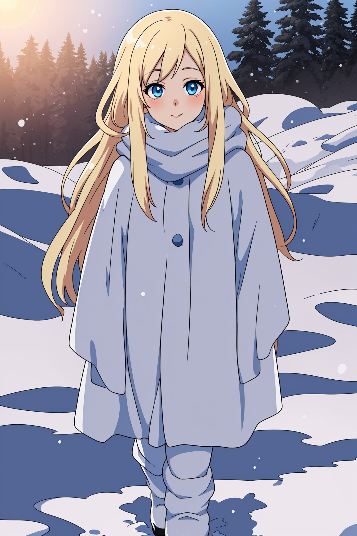 A beautiful and adorable anime girl, with long blonde hair, blue eyes, walking through a winter landscape, white blankets of snow covering the ground, a snow-covered snowman in the background, a peaceful and relaxing atmosphere, the sun shining on her hair and the snow, 8K, photorealistic and highly sophisticated details