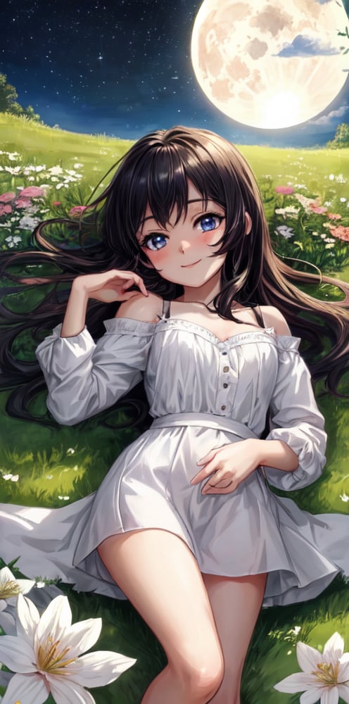 A beautiful anime girl, with long black hair, blue eyes, lying on a bed of grass in a field of flowers, looking up at the sky, a bright and beautiful full moon and stars above, a peaceful and relaxing atmosphere, a cute and charming expression, 8K, photorealistic and highly sophisticated details