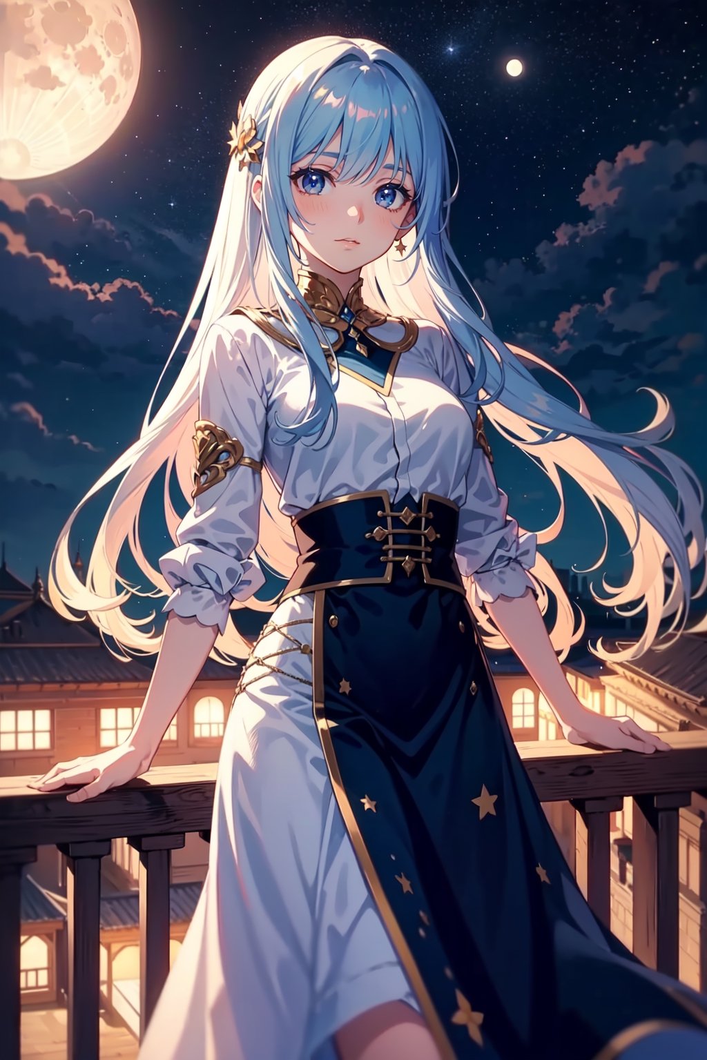 "A beautiful anime girl, with long, flowing hair, standing on the balcony of a castle at night, the moon shining brightly, illuminating her features, the sky above filled with countless stars, creating a serene and magical atmosphere, 8K, photorealistic and highly sophisticated details",Movie Still