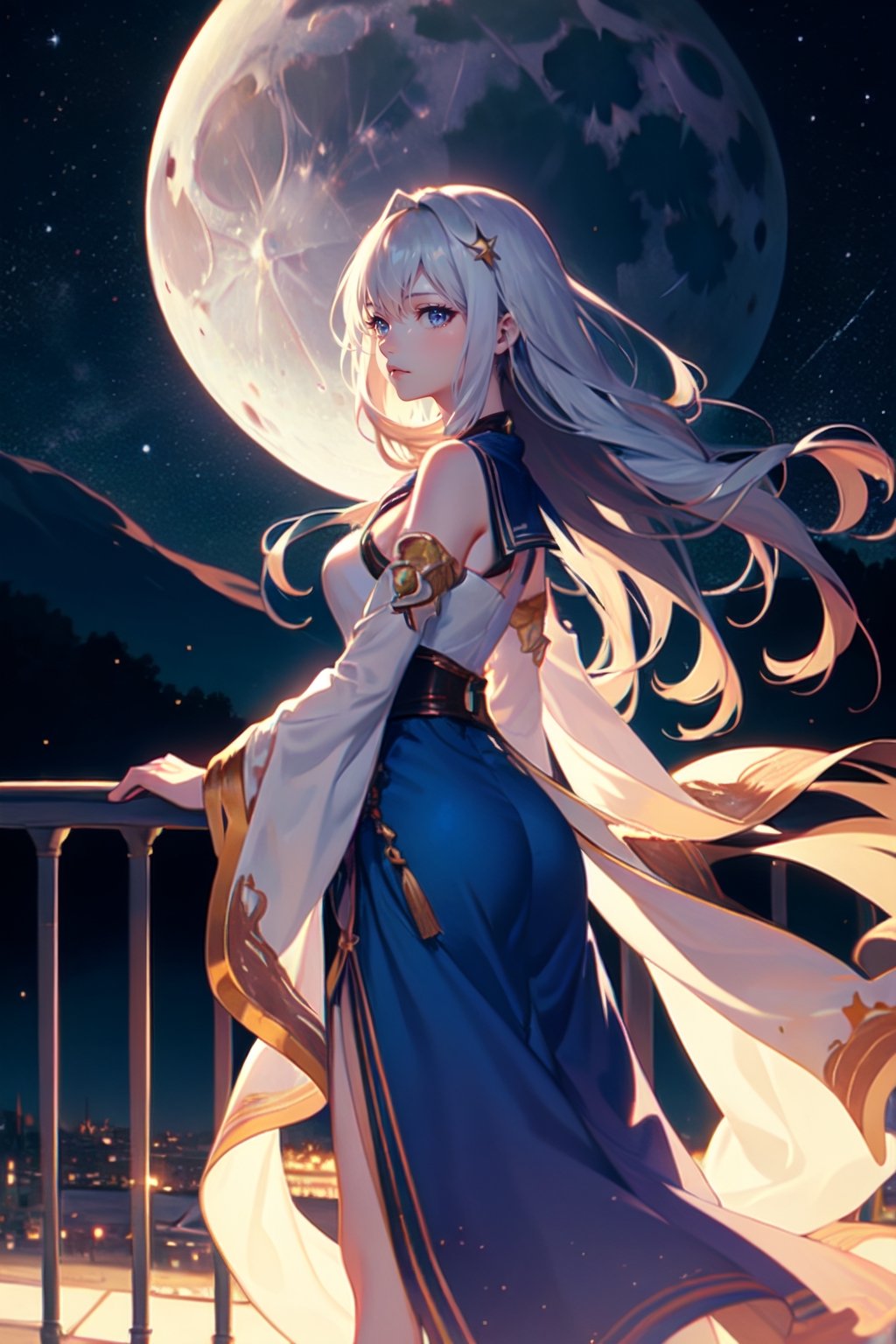 "A beautiful anime girl, with long, flowing hair, standing on the balcony of a castle at night, the moon shining brightly, illuminating her features, the sky above filled with countless stars, creating a serene and magical atmosphere, 8K, photorealistic and highly sophisticated details",Movie Still