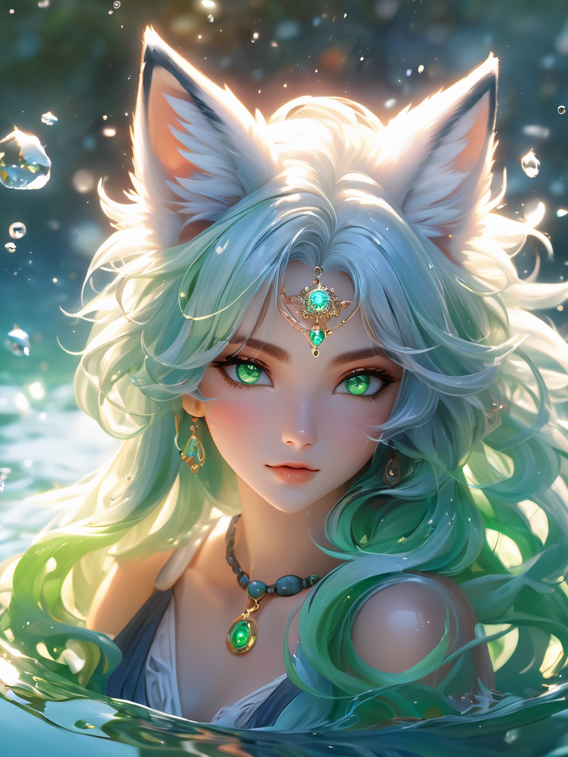 (cute water foxy), grey and white tones, (masterpiece, best quality, ultra-detailed, best shadow), (detailed background, high fantasy), (beautiful detailed face), high contrast, (best illumination, an extremely delicate and beautiful), ((cinematic light)), colorful, hyper detail, dramatic light, intricate details, (2girl, pair, blue and green hair, sharp face, amber eyes, hair between eyes,dynamic angle), blood splatter, swirling green light around the character, depth of field, light particles,(broken glass),magic circle, (full body), Spirit Fox Pendant,Beautiful Eyes