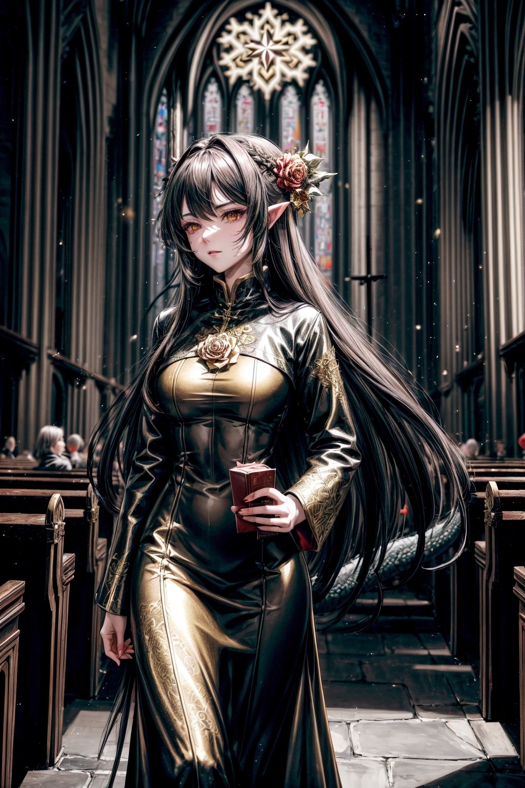 A dragon girl with long brown hair and gold rose in hair, with grey eye, tall, walking in a church with christmas lights