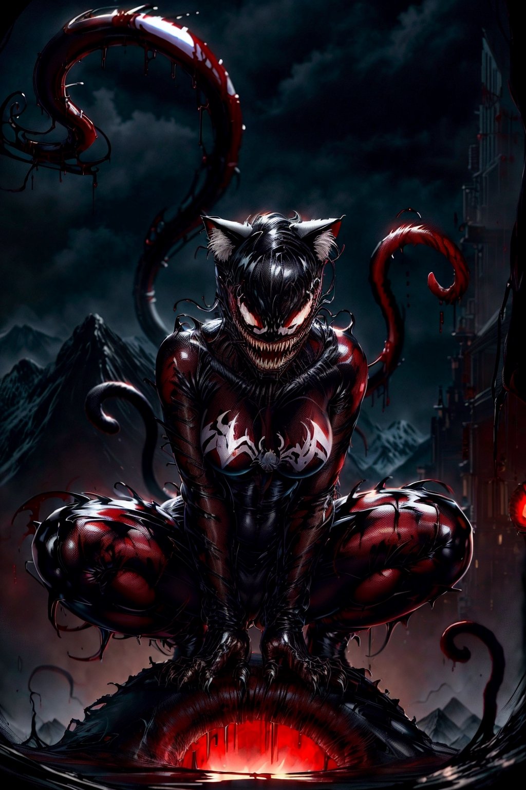 A cat neko girl as venom in a mountain ,CARTOON_MARVEL_she_venom_ownwaifu,CarnageStyle,venom, (blood_red:1.5)