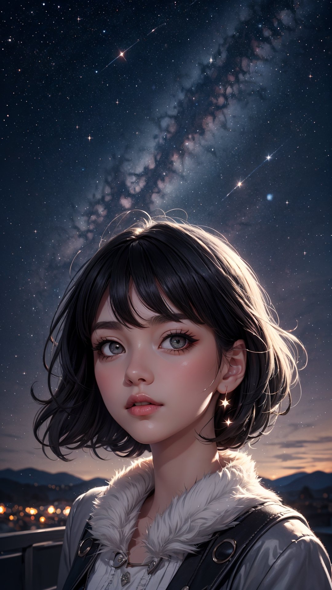  a starry night sky, very luminous, 8k, realistic, fluffy, soft,kawaiitech,(((1girl, black hair, grey eye)))